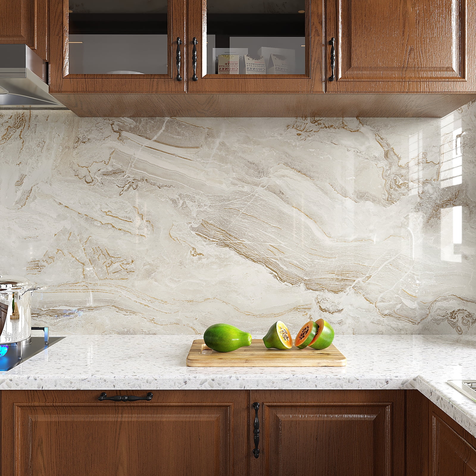 VEELIKE Marble Peel and Stick Contact Paper for Countertops, Waterproof Vinyl Film for Kitchen and Furniture (Beige Gold, 15.7 in x 118.1 in) 579fn