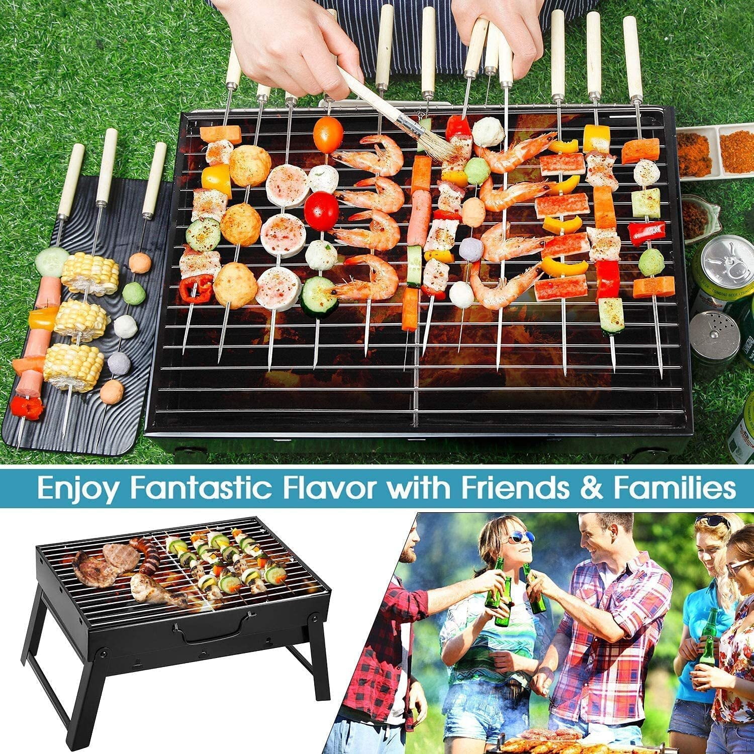 Vowella Portable Folding Charcoal Grill, Compact Stainless Steel Barbecue Set for Camping and Picnics (Black, 17 in x 11 in x 11 in) xr9g8