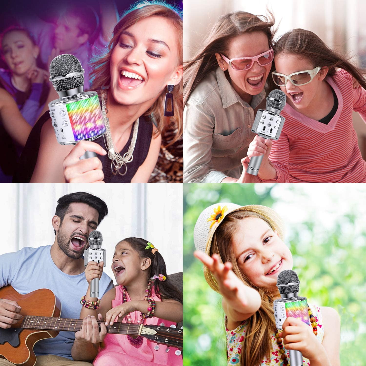 GLUAAE Wireless Bluetooth Karaoke Microphone with LED Lights and Echo Control (Silver, 0.66 lb) repgq
