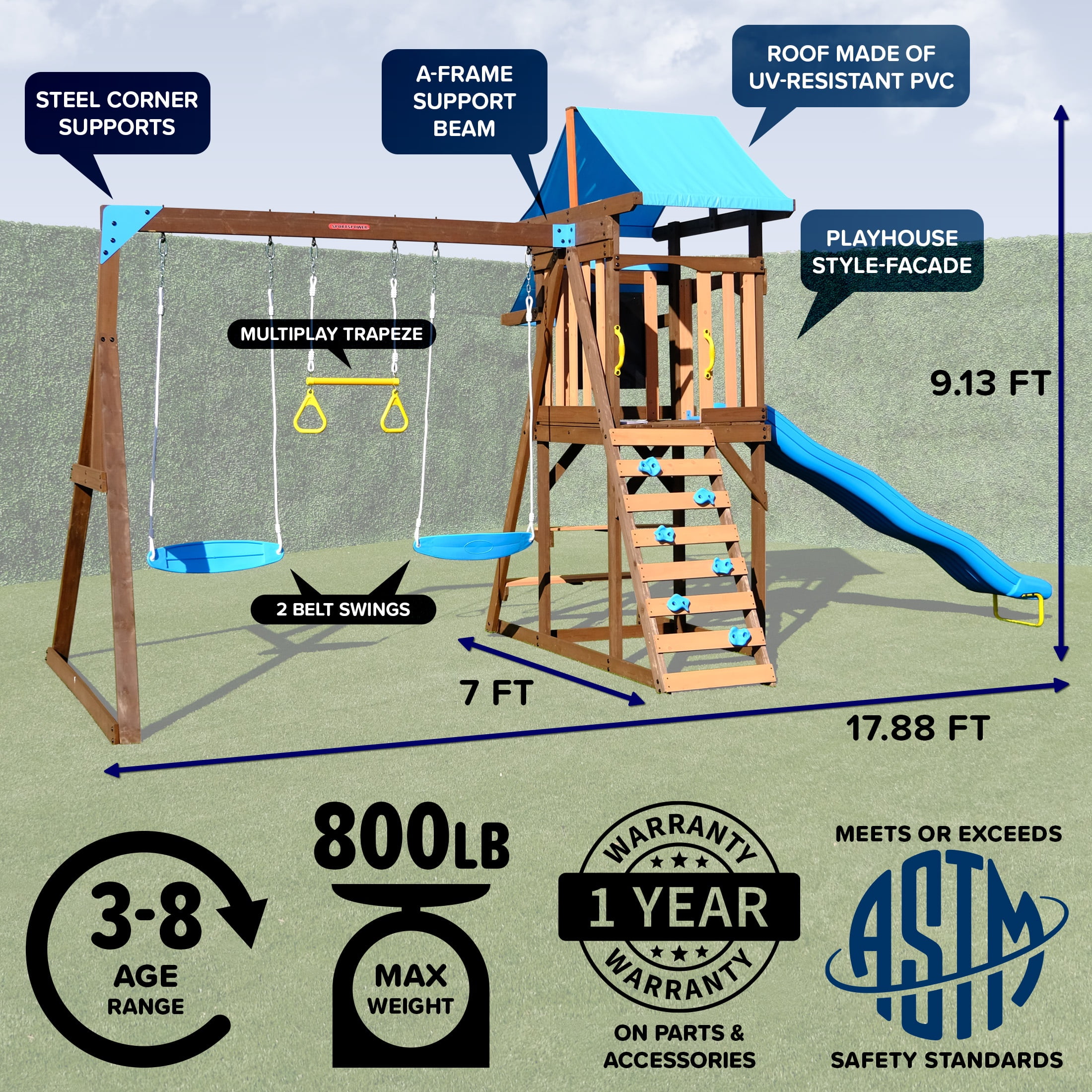 Sportspower Rosemont Wooden Swing Set with Play Fort, Rock Climber, Sandbox, and 8 ft Slide (Blue, 17.9 ft x 7 ft x 9.1 ft) uirkx