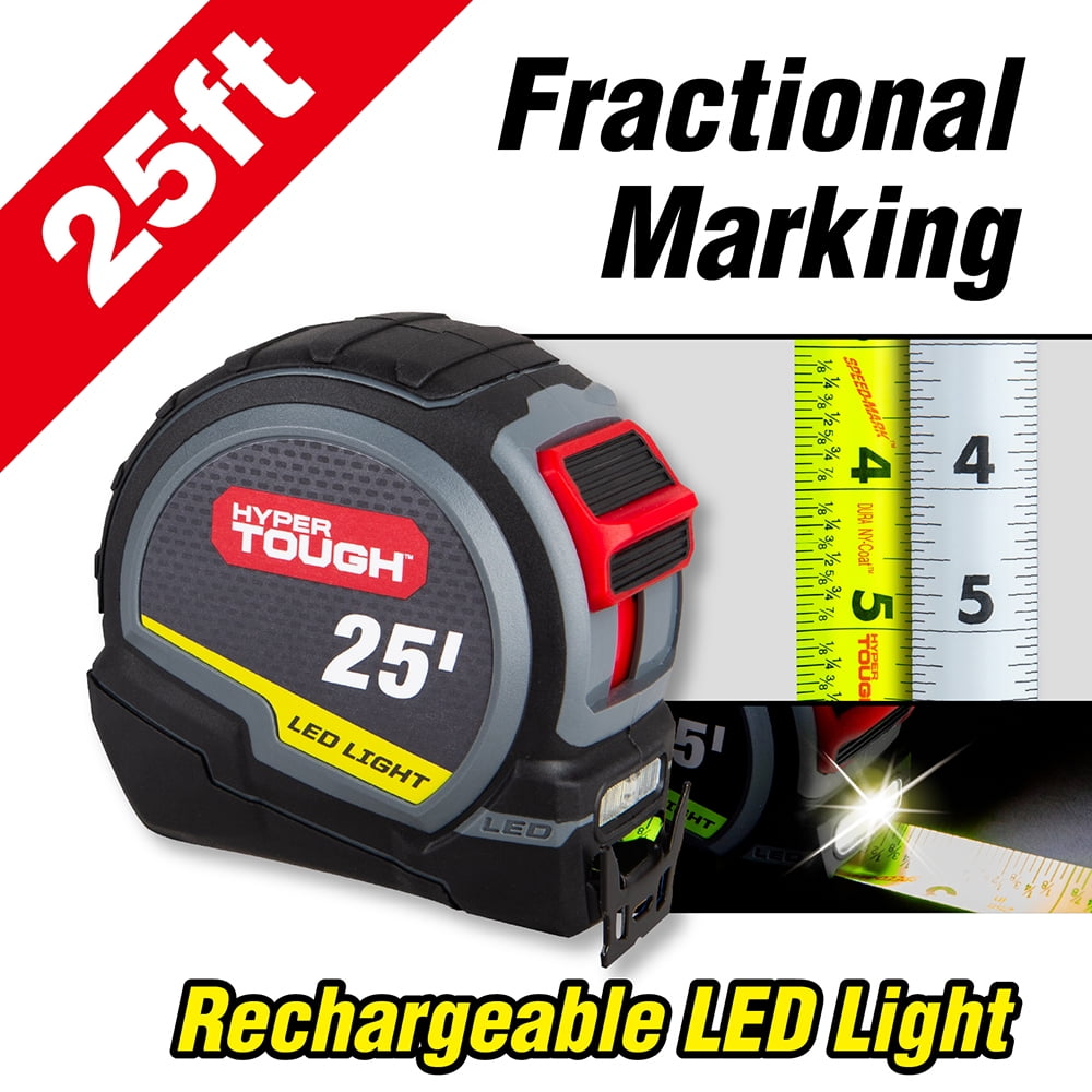 Hyper Tough LED Tape Measure with High-Visibility Blade (Grey, 25 ft) 2t2lw