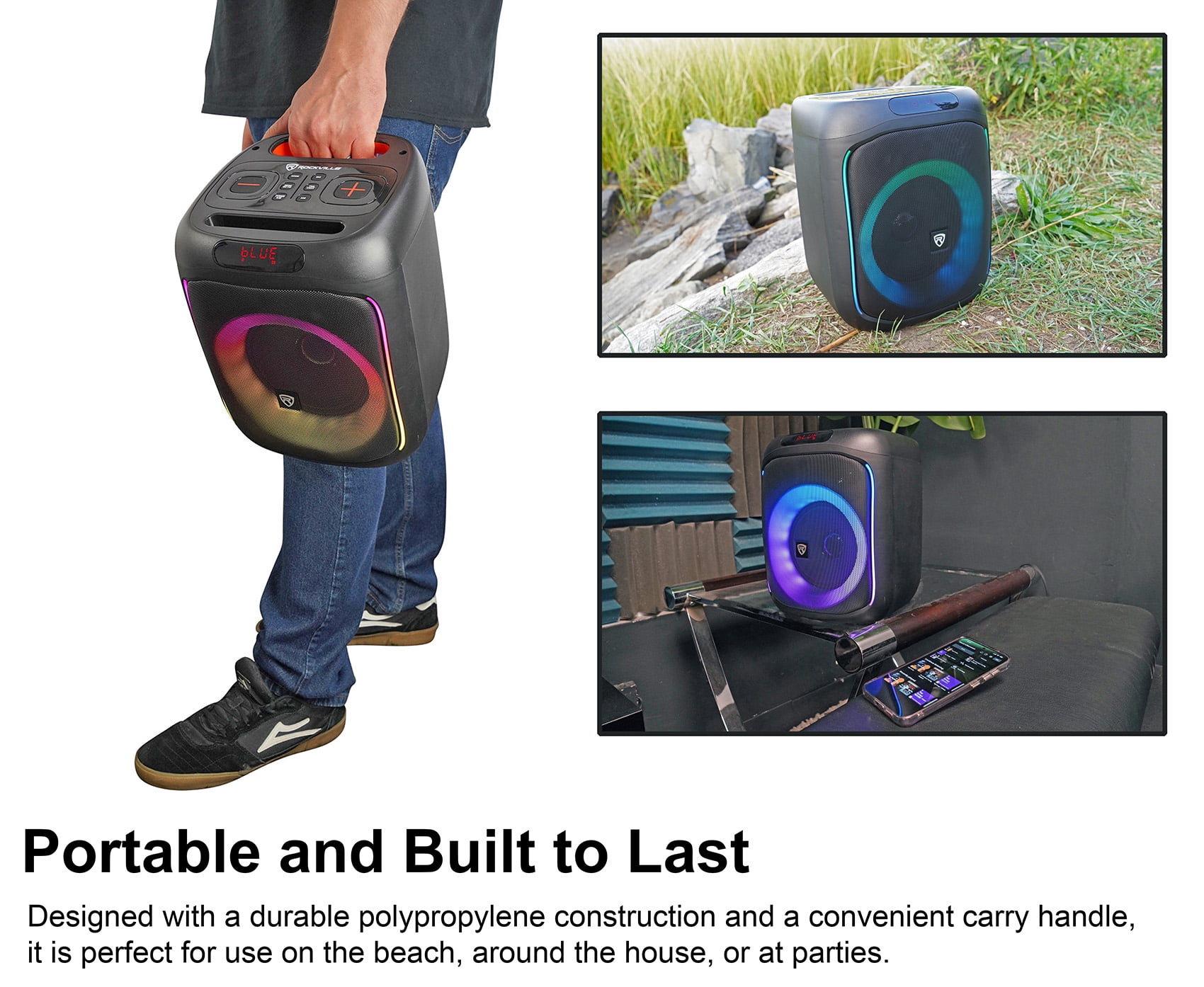 Rockville ROCKBOX PRO V2 Portable Bluetooth Party Speaker with LED Lights and Microphone Input (6.5 in, 150w) lxwdn