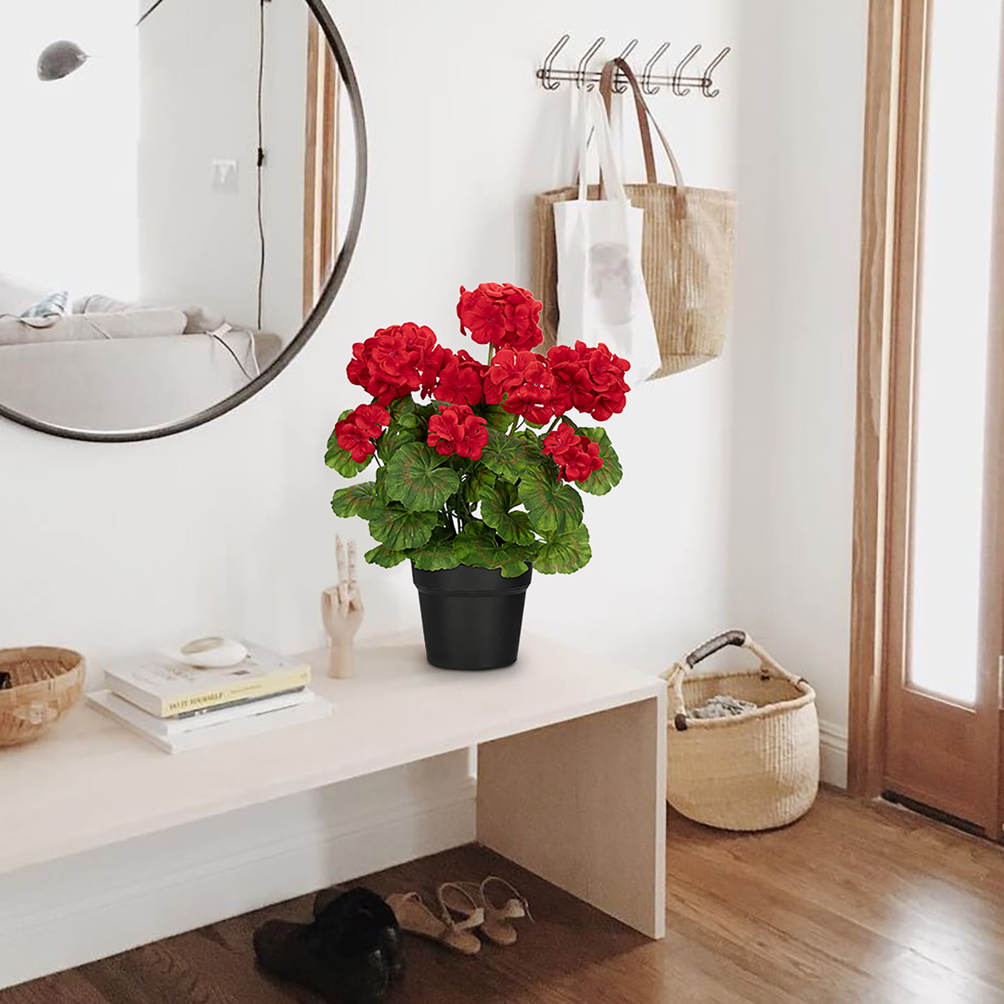 Briful Artificial Geranium Potted Plant Realistic Silk Floral Decor for Home and Office (Red, 16 in) g0vx4