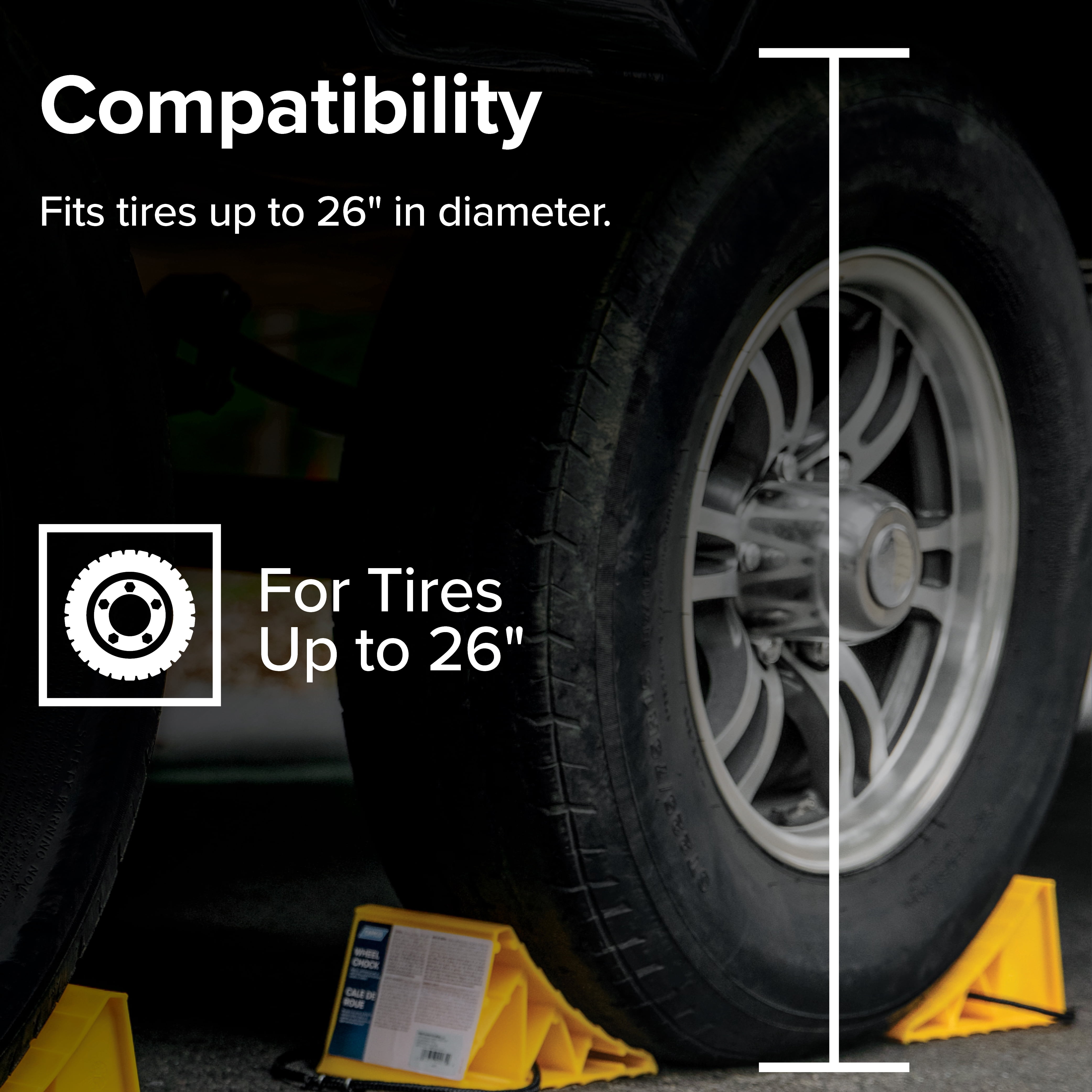 Camco RV Wheel Chocks with Rope for Tires Up to 26 in (Yellow, 2 Pack) ux4dh