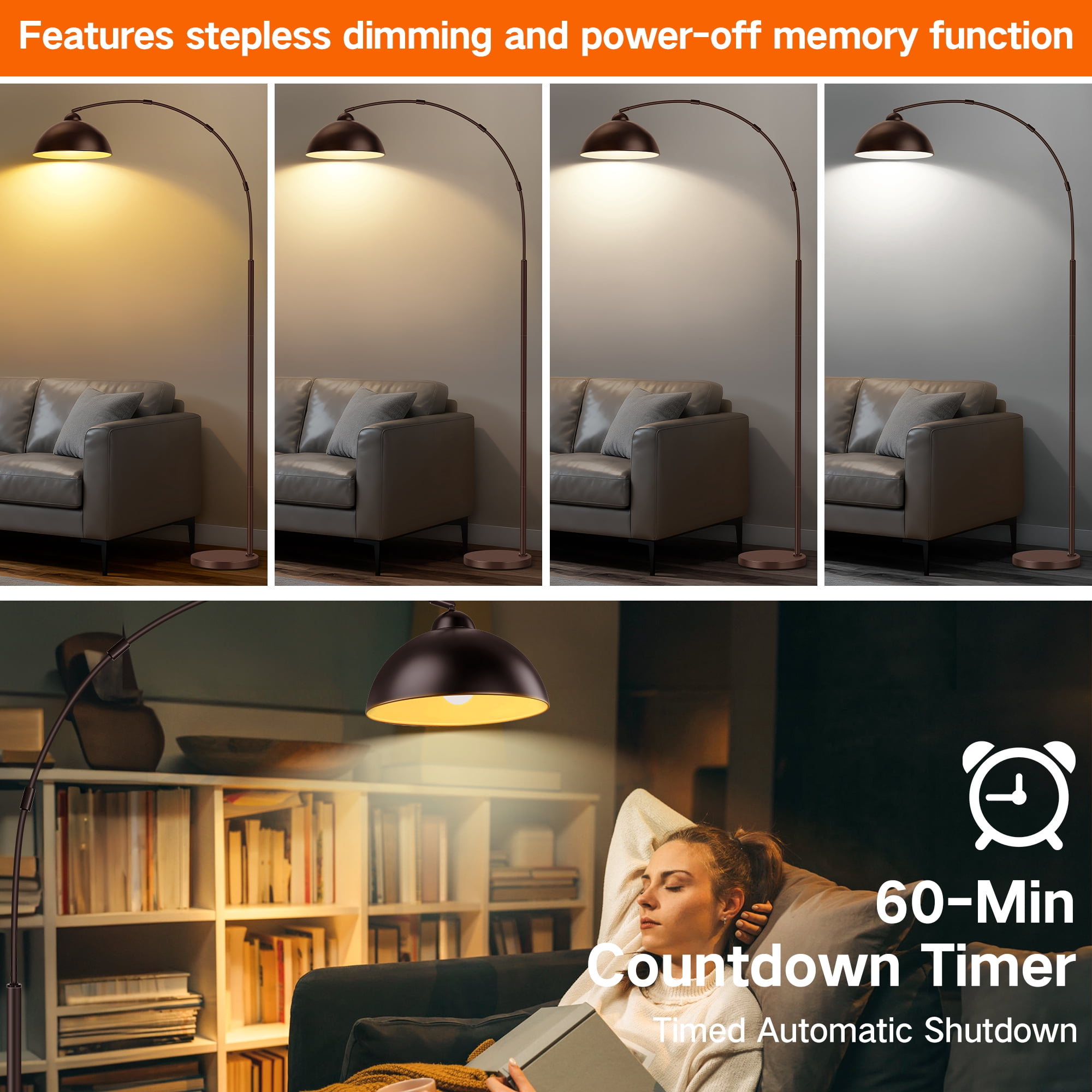 Outon Arc Floor Lamp with Remote, Dimmable LED Standing Lamp for Living Room and Bedroom (Brown, 80.3 in) qpt7m