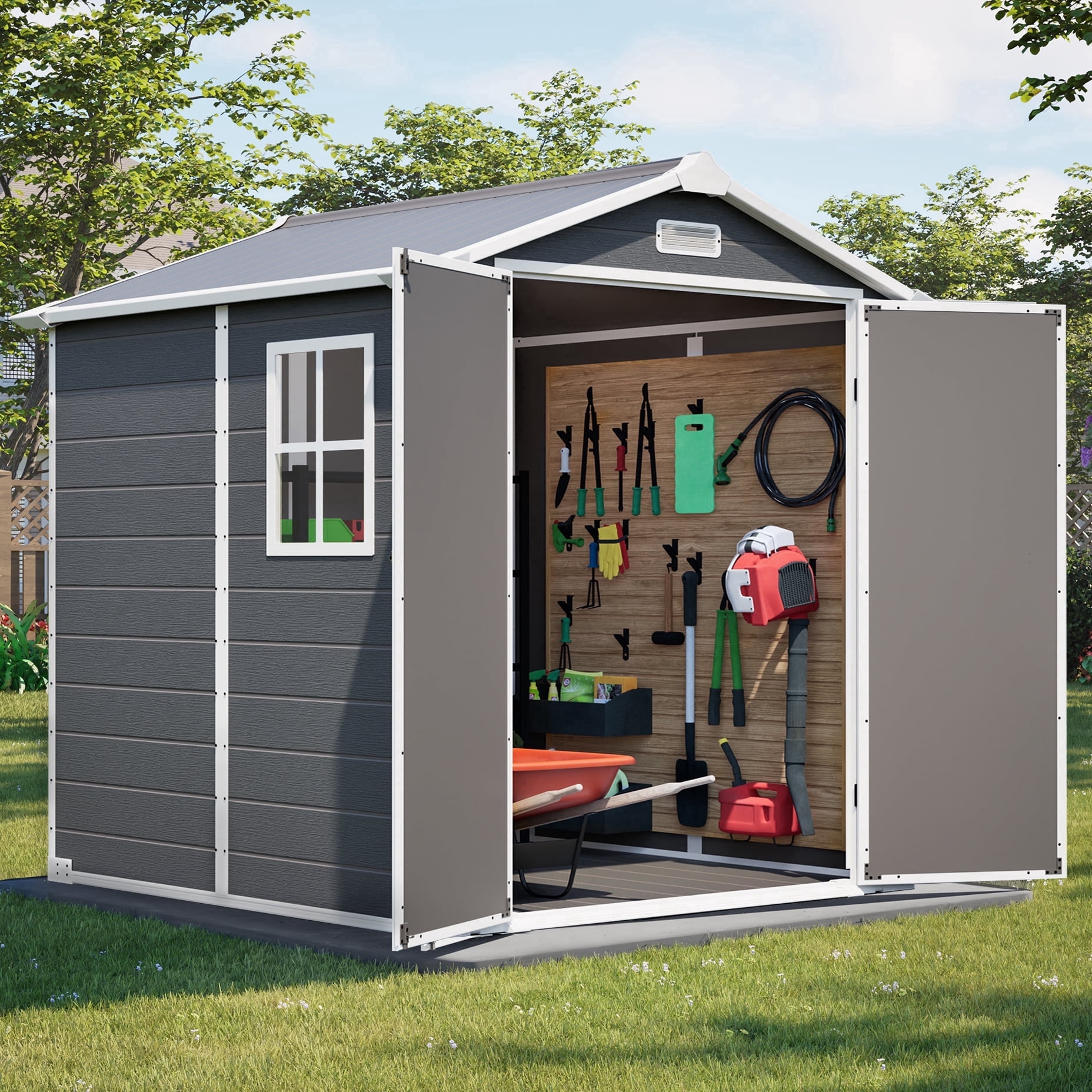 LZBEITEM 6 ft x 6 ft Outdoor Storage Shed, Weather-Resistant Resin Tool Shed with Heavy-Duty Floor and Lockable Doors (Grey, 205 cu.ft) sgccu