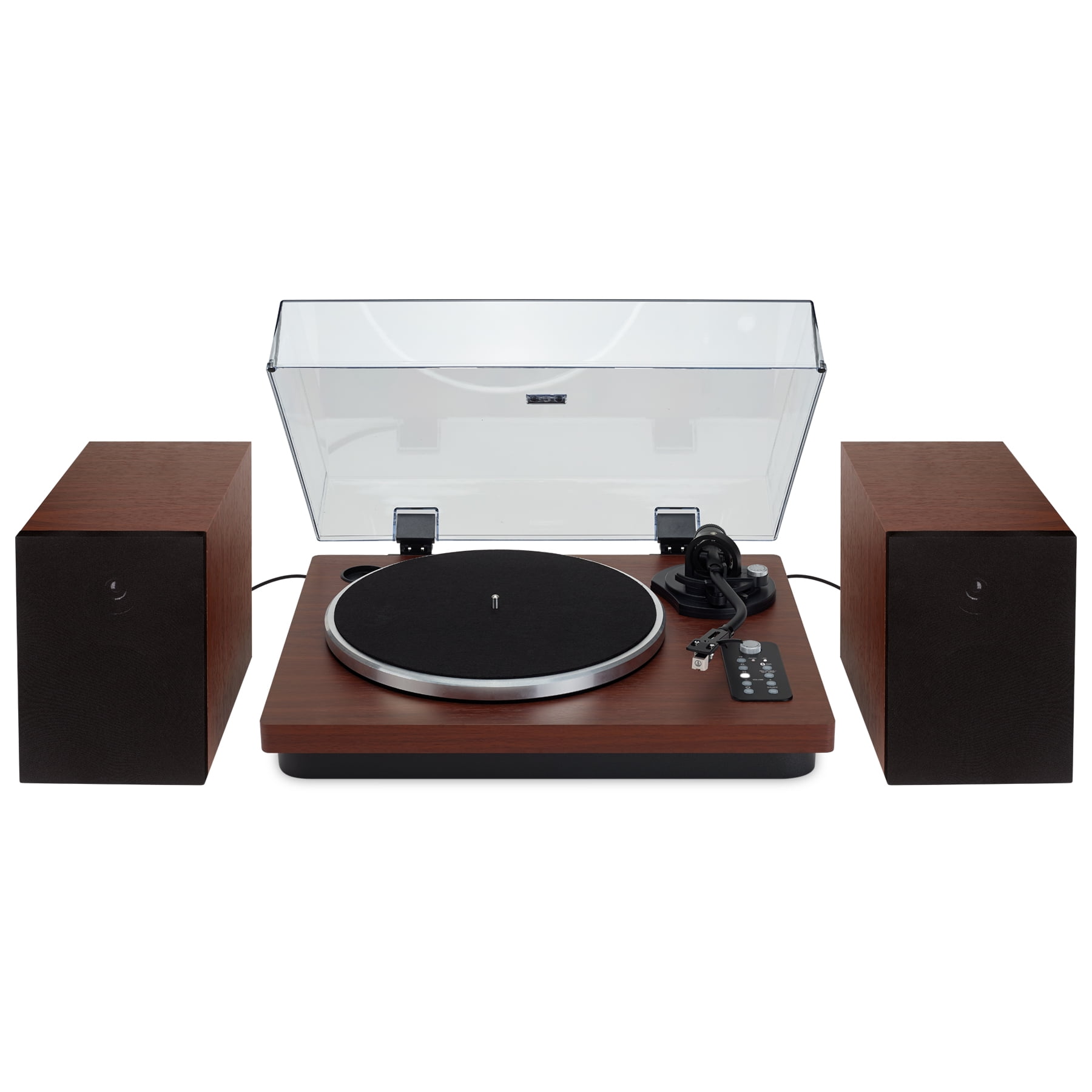 iLive 3-Speed Bluetooth Turntable System with Wired Stereo Speakers (Dark Walnut, 18 x 15.21 x 5 in) hh14g