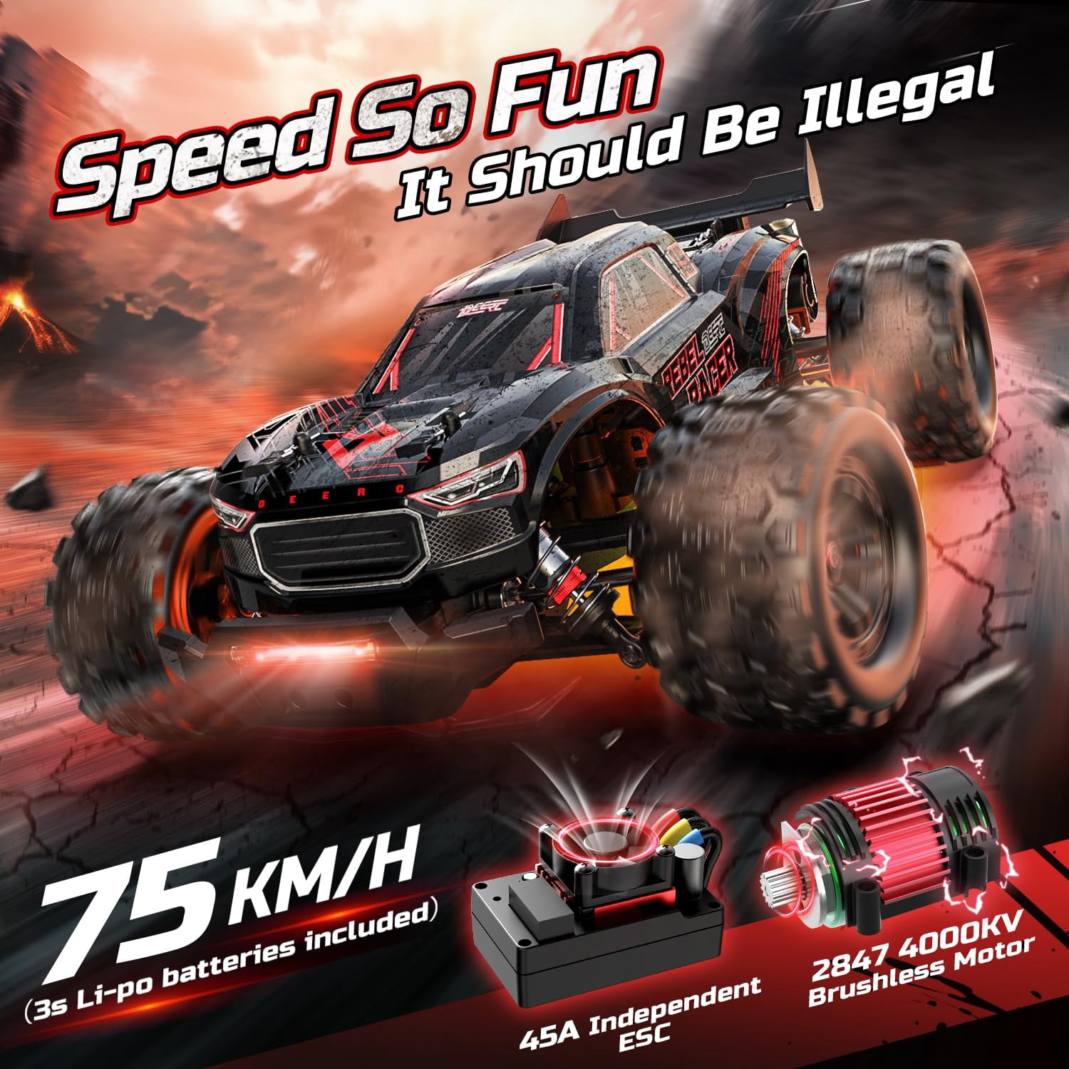 DEERC 1:14 Brushless RC Car 4WD Off-Road Truck, High-Speed Remote Control Truggy with LED Lights (Black, 1:14 Scale) h00ns