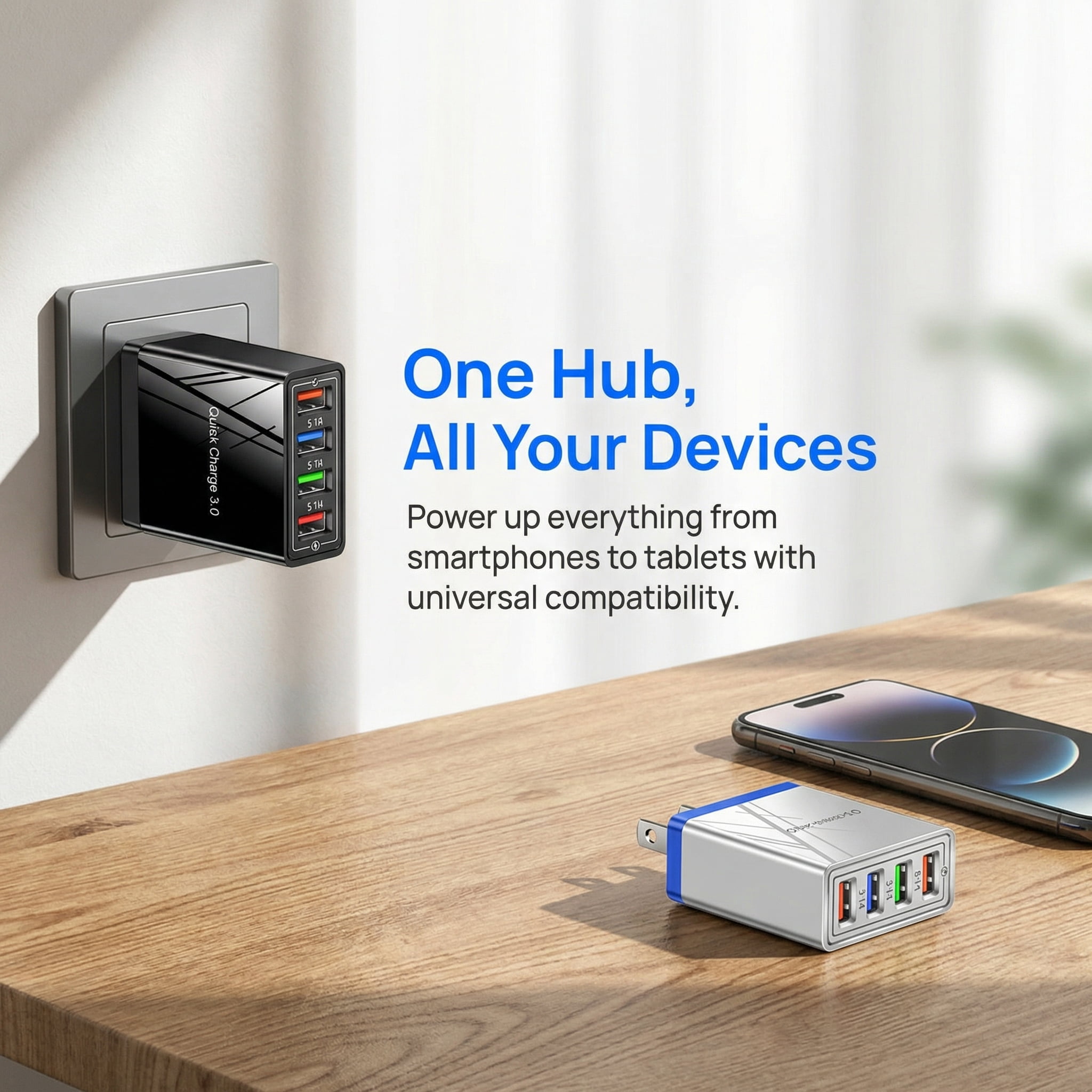 Qolami 4-Port USB Wall Charger, Quick Charge 3.0 Fast Charging Hub for Smartphones and Tablets (Orange, 1 Pack) gt11w