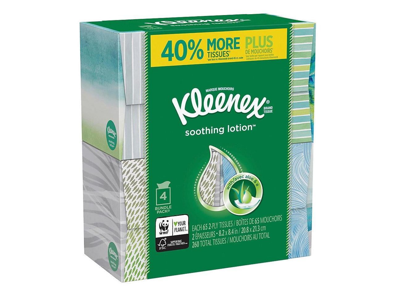 Kleenex Soothing Lotion Facial Tissues, 3-Ply Softness with Aloe and Vitamin E (White, 4 Cube Boxes, 260 Total Tissues) v4o9o