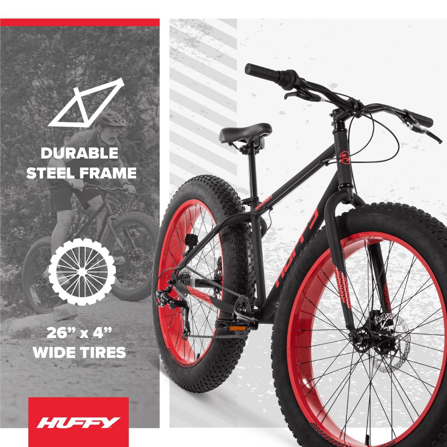 Huffy Maunga Fat Tire Mountain Bike, Durable Steel Frame, 7-Speed Shimano Drivetrain, Disc Brakes (Black/Red, 26 in) m5cel - Image 9