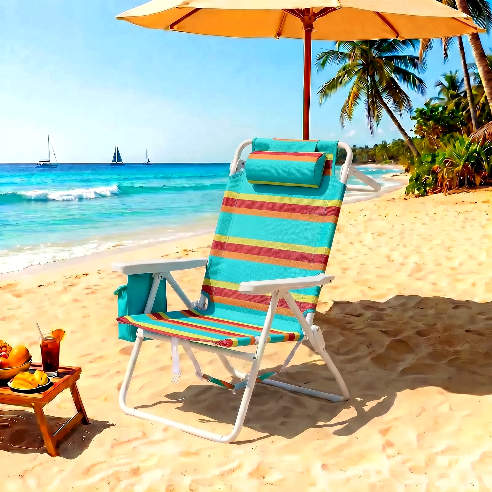 Pirecart Tall Folding Beach Chair with 5-Position Recline and Cooler Pouch (Orange Yellow Blue Stripes, 350 lb Capacity) 9fptt