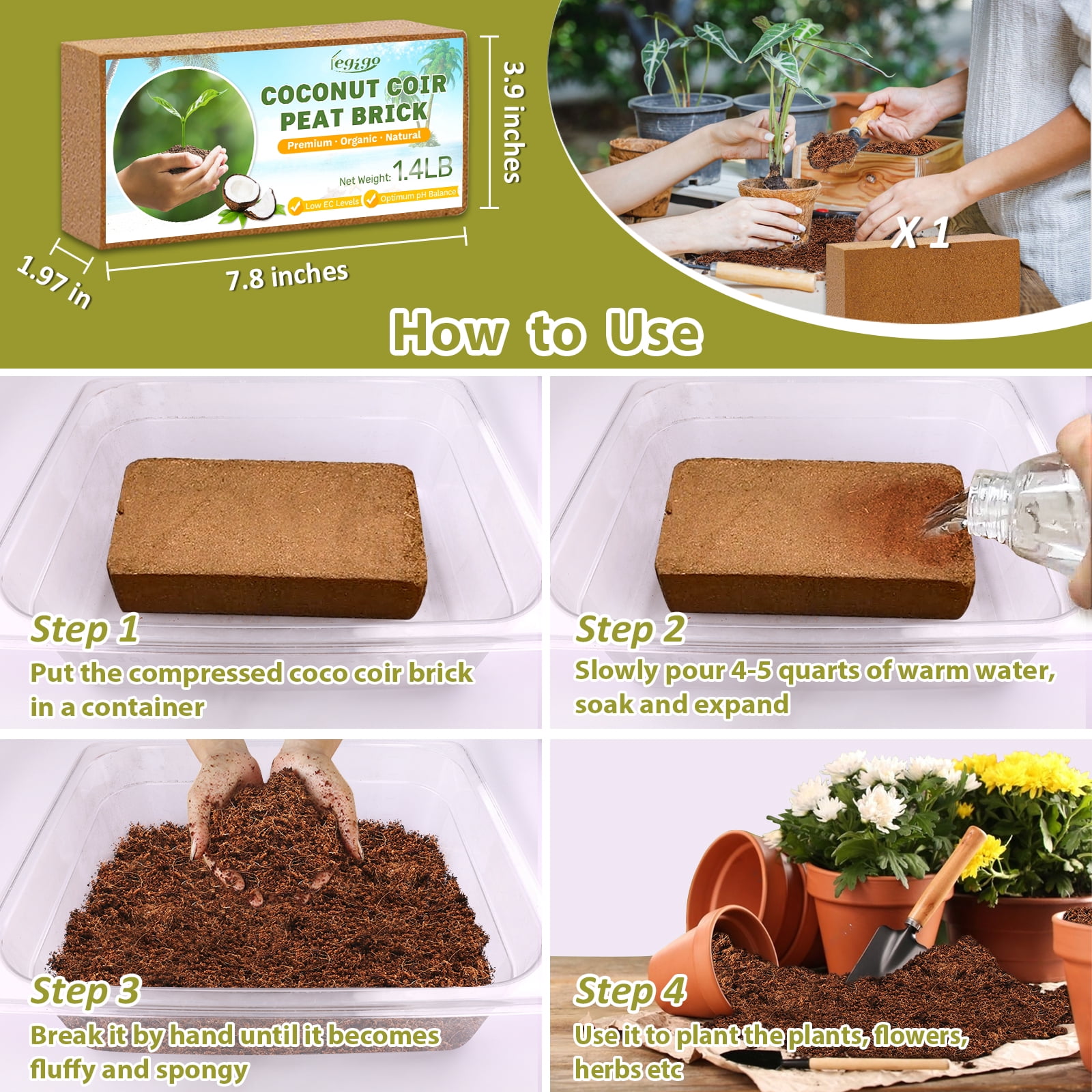 Legigo Organic Coco Coir Brick Compressed Coconut Fiber Soil Substrate for Gardening (1 Pack, 8 x 4 x 2 in) 1h0h4