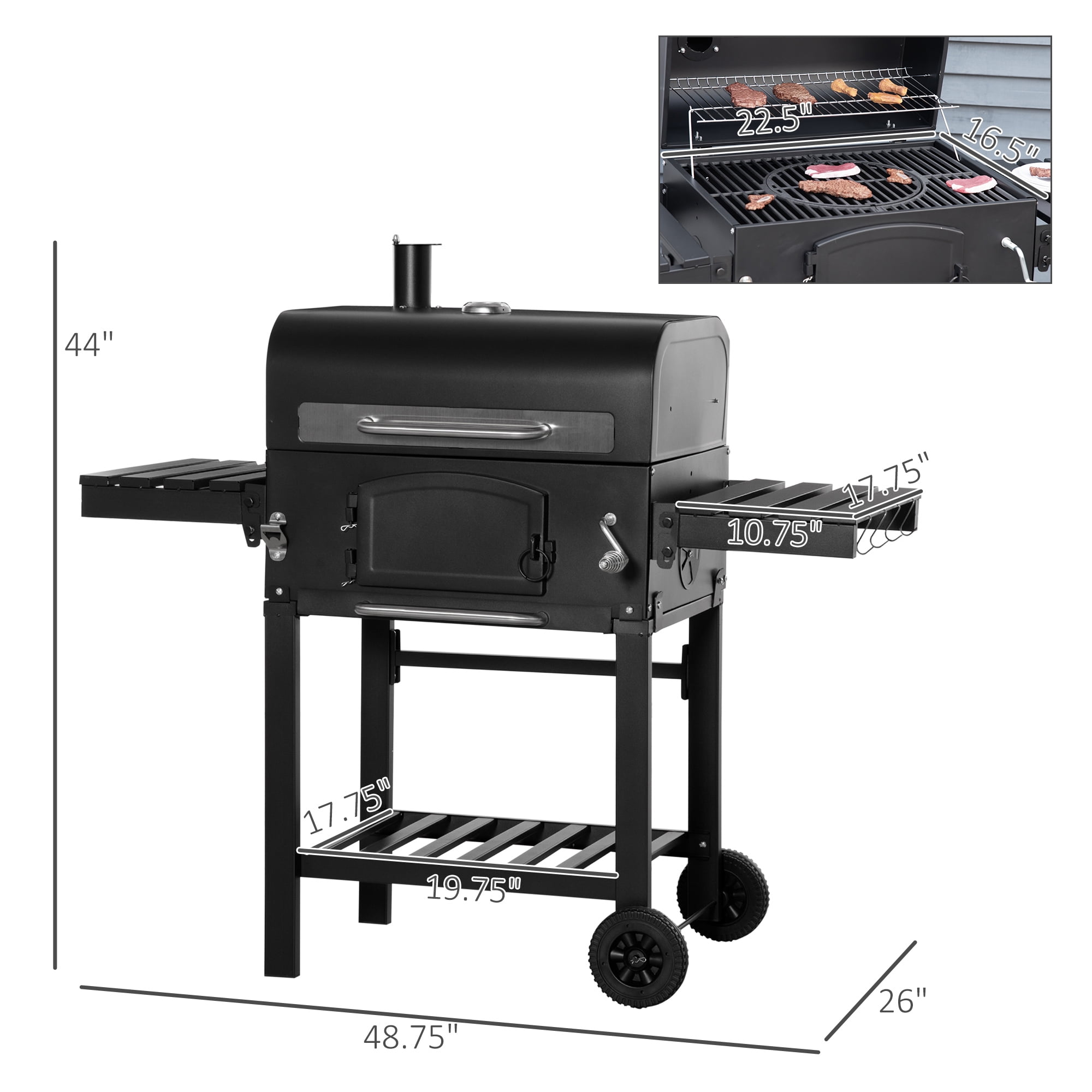Outsunny Charcoal Grill with Side Table and Adjustable Height (Black, 48.75 in x 26 in x 44 in) clkkz