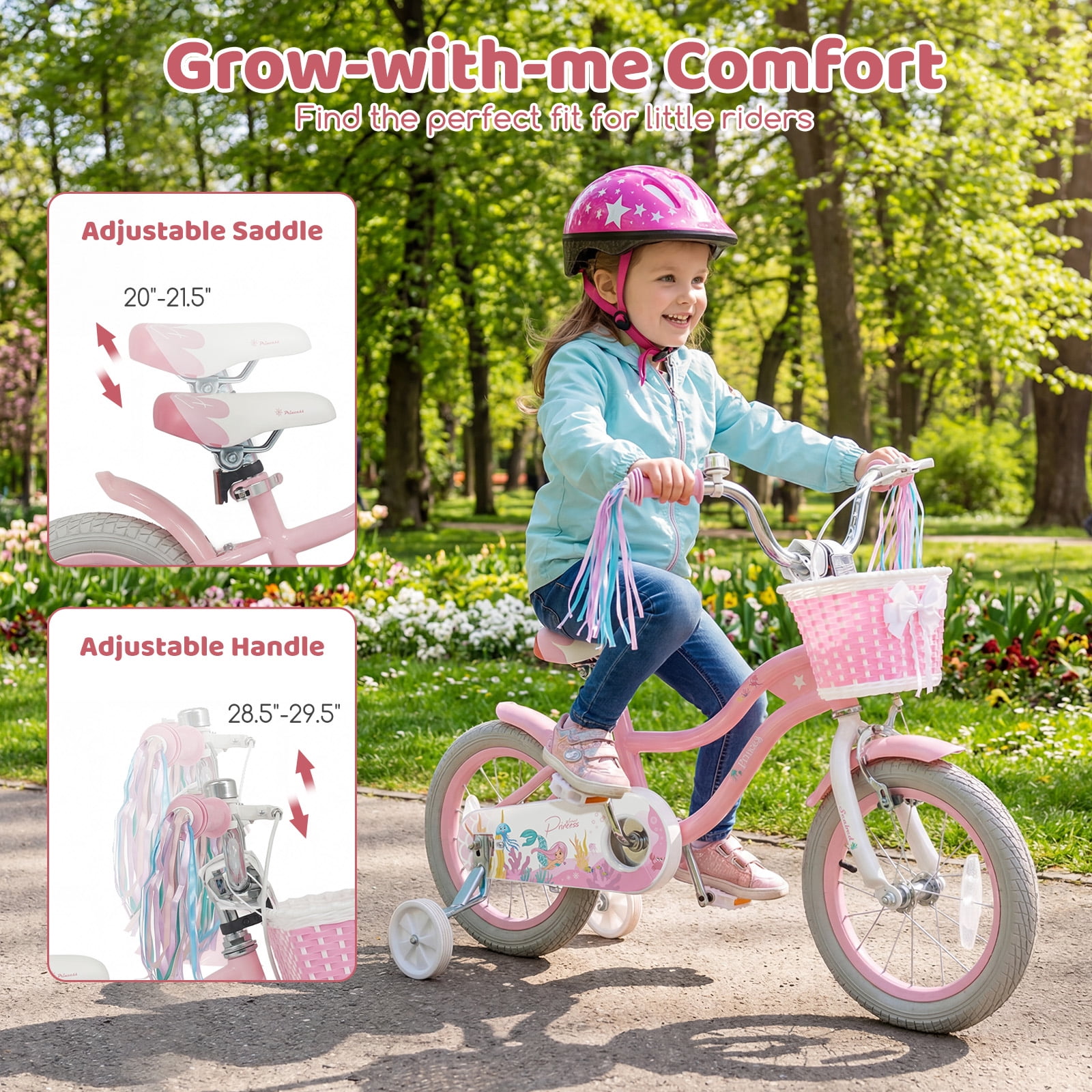 Costway 14 in Kids Bike with Training Wheels and Basket (Pink, 14 in) 78kbm