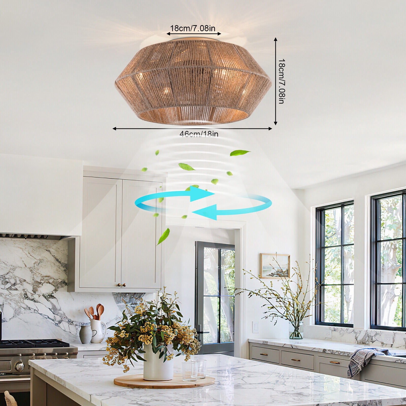 Miumaeov Boho Rattan Caged Ceiling Fan with Light and Remote Control (6 Speeds, 7.08 in Base) mrl8w