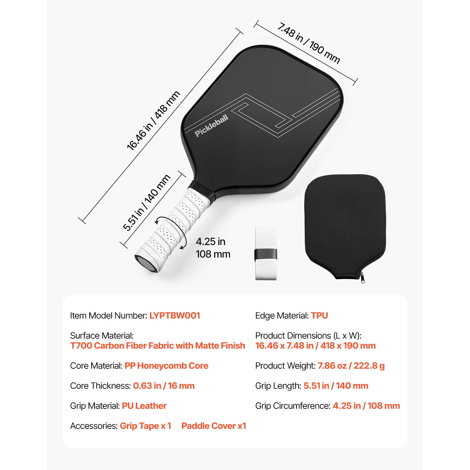 KFFKFF Pickleball Paddle T700 Carbon Fiber Surface with Honeycomb Core (Black, 7.86 oz) acl38