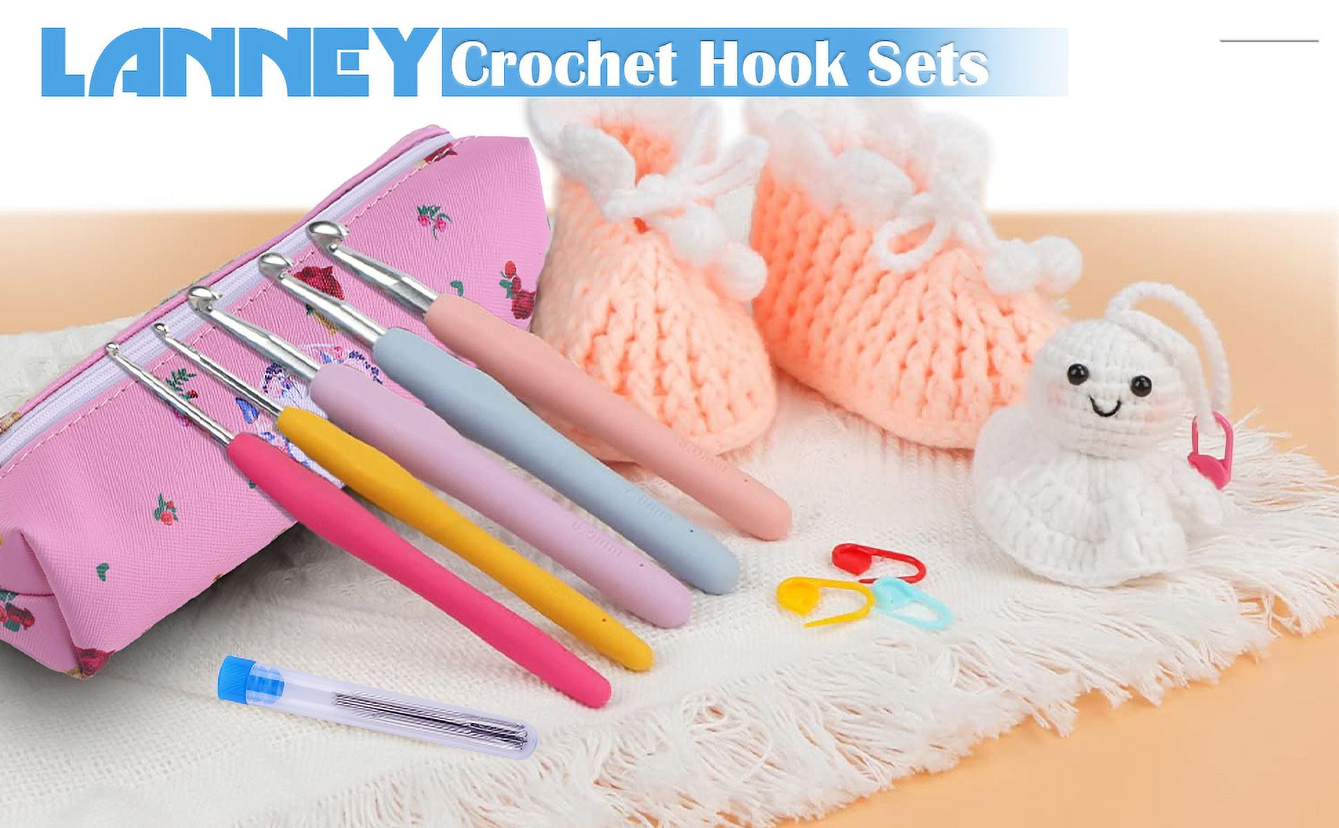 LANNEY Crochet Hooks Set (40 Pieces, Ergonomic Soft Grip Knitting Needles for Arthritic Hands, 0.08 in - 0.39 in) hb0b5