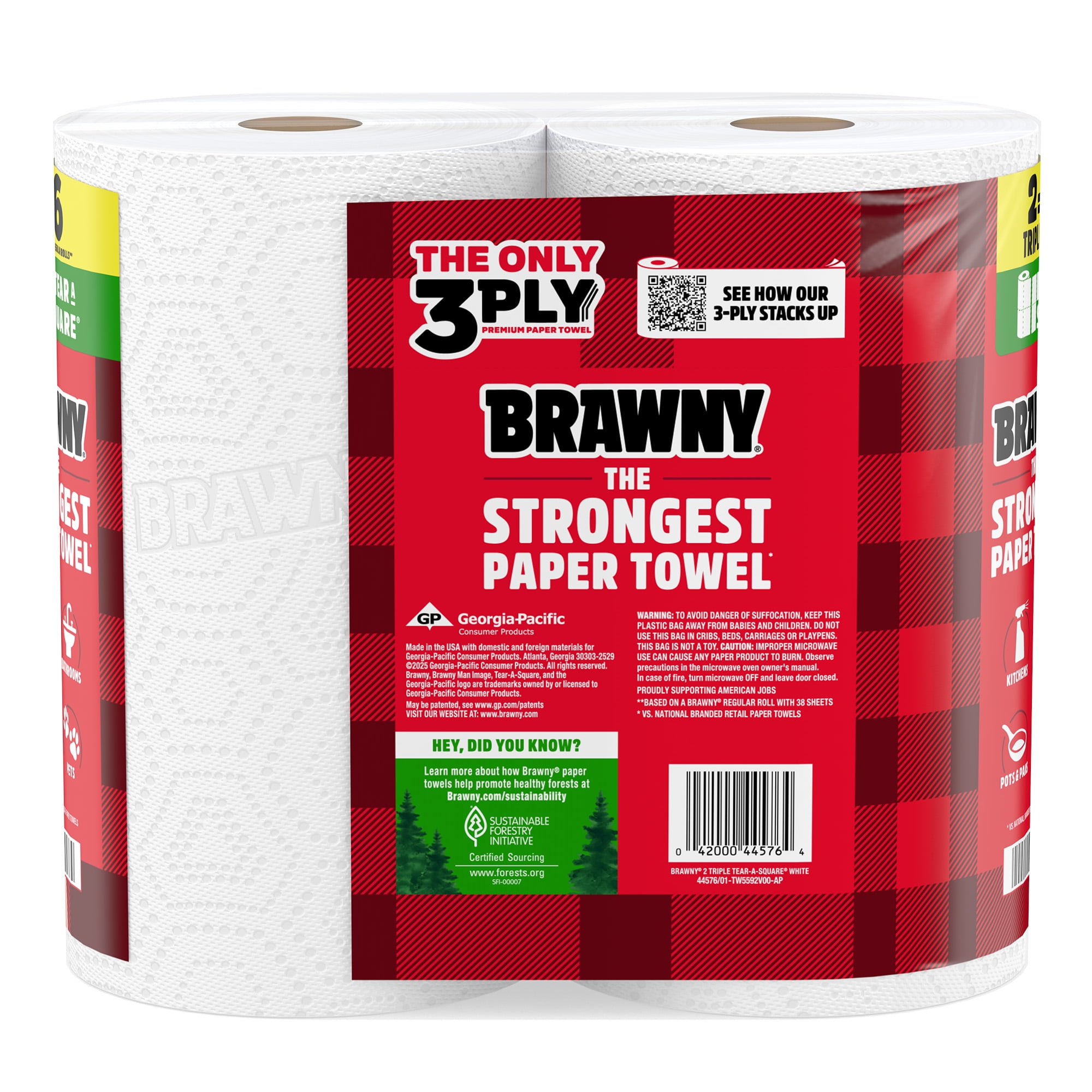 Brawny Tear-A-Square 3-Ply Paper Towels, Durable Absorbent Kitchen Rolls (White, 2 Triple Rolls, 228 Total Sheets) 013jf