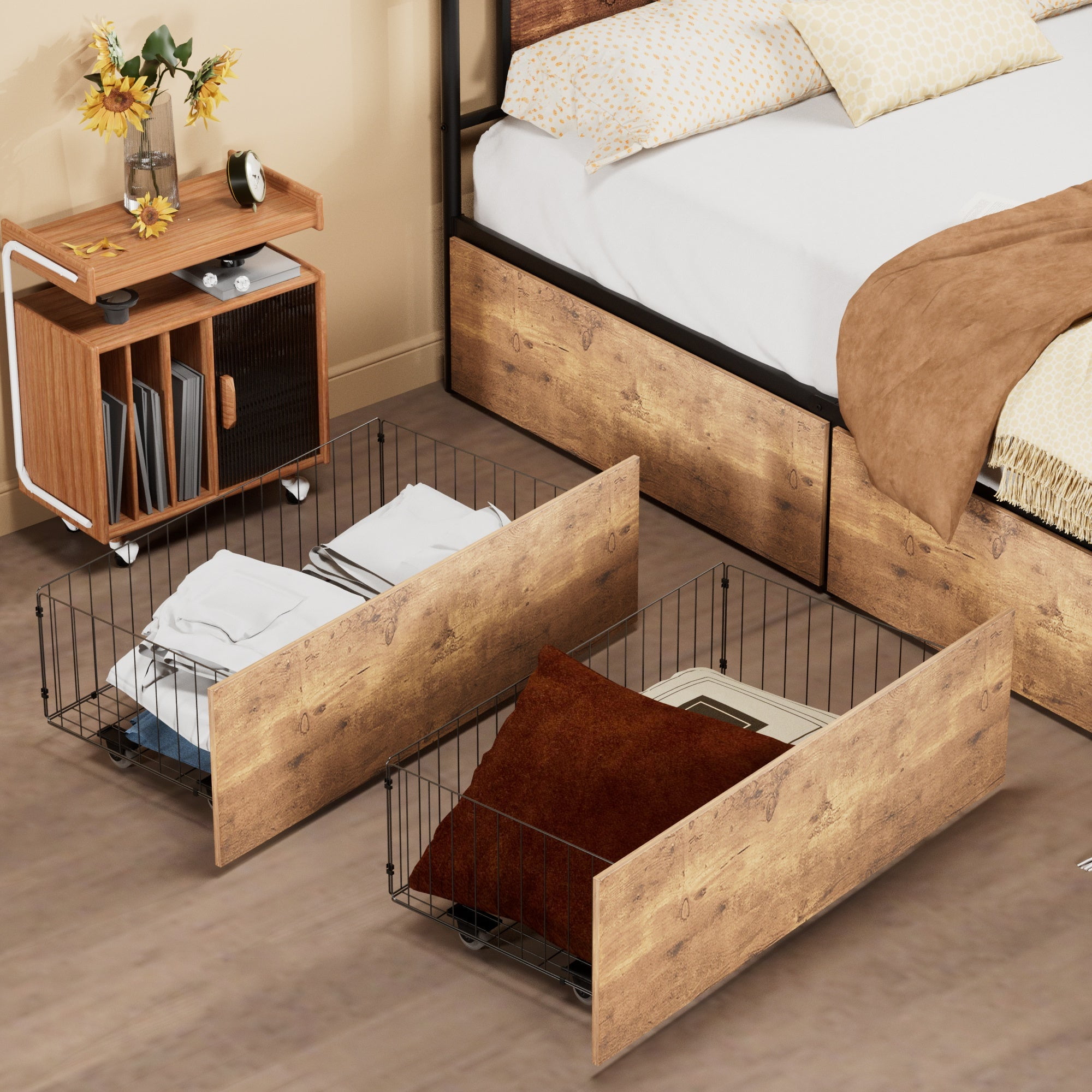 VECELO Underbed Storage Drawers (Rolling Metal Organizer, Set of 4, Brown, 37.6 in x 19.7 in x 13.4 in) gdz6p