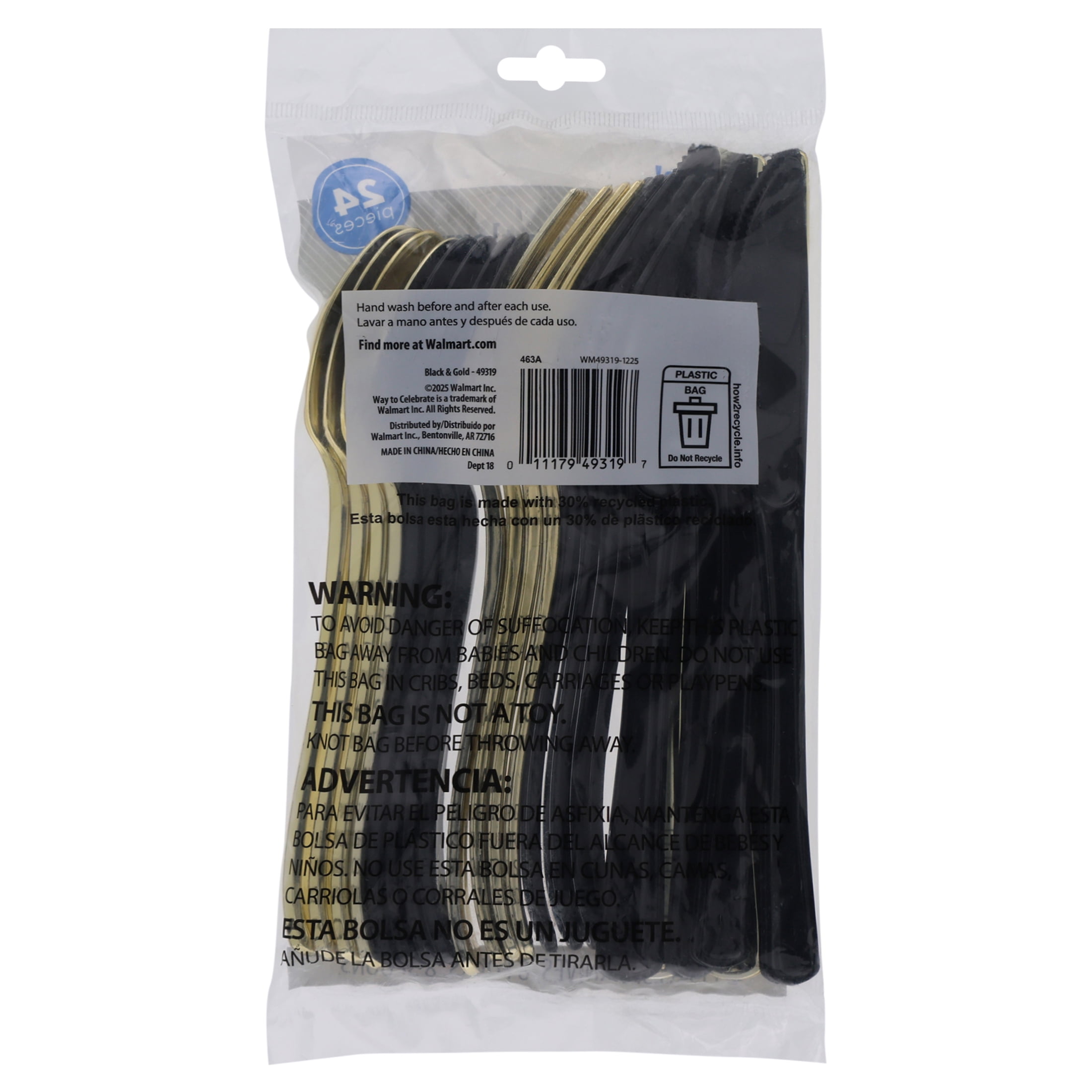 Way To Celebrate Disposable Metallic Plastic Cutlery Set (Black and Gold, 24 Count) 1ulz8