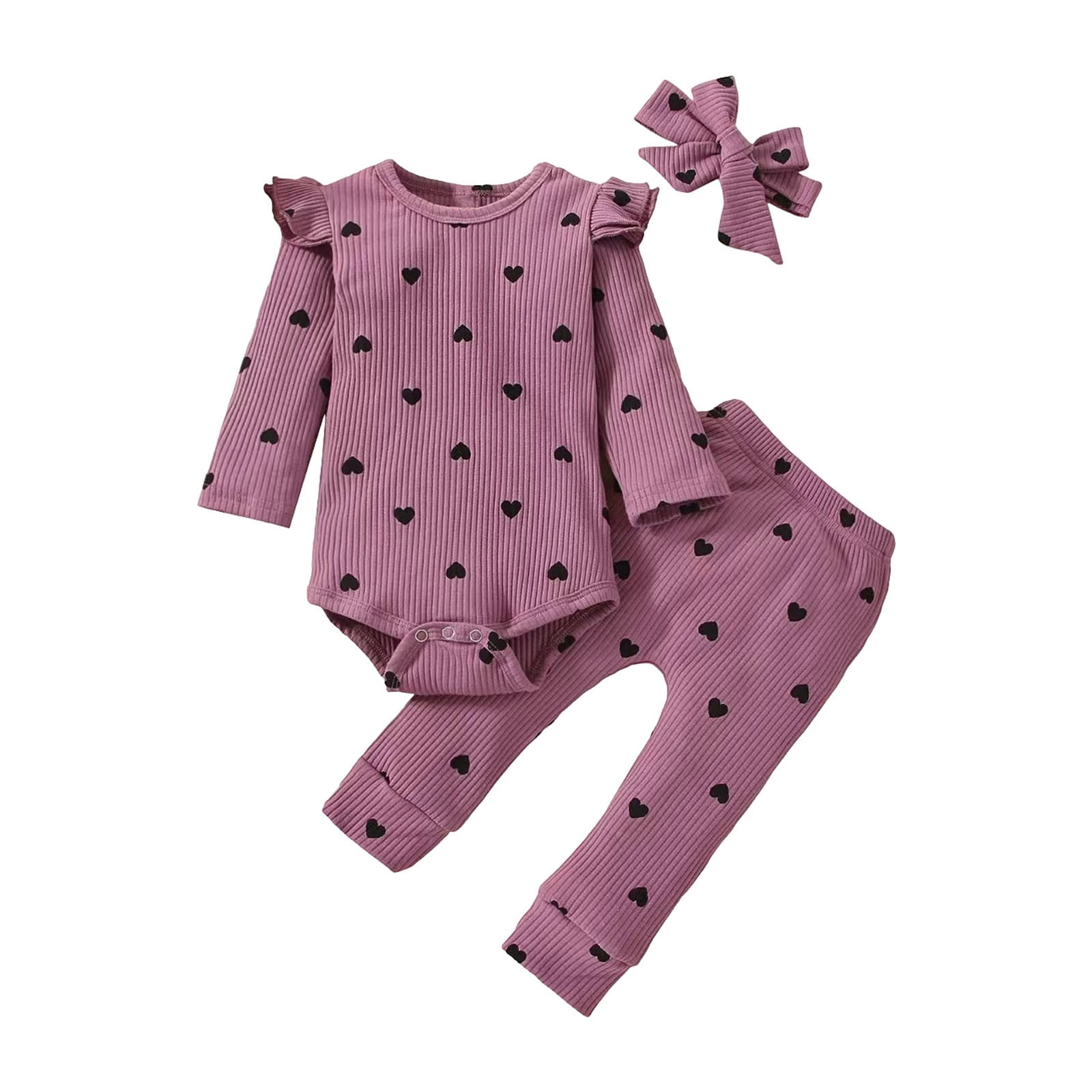 Fesfesfes Baby Girls Ribbed Long Sleeve Romper Set Heart Print 3-Piece Outfit (0-18 Months) dttrf