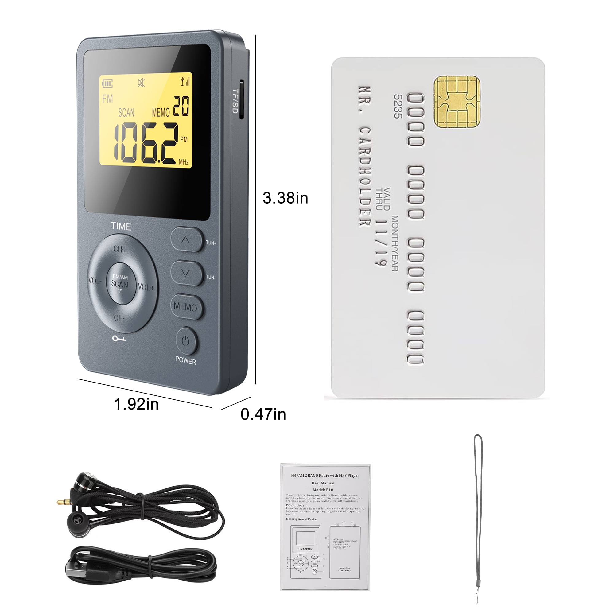 SENLNES Portable AM/FM Digital Radio with LCD Display and SD Card Slot (Grey, 3.4 in x 1.9 in x 0.47 in) 4p0dx