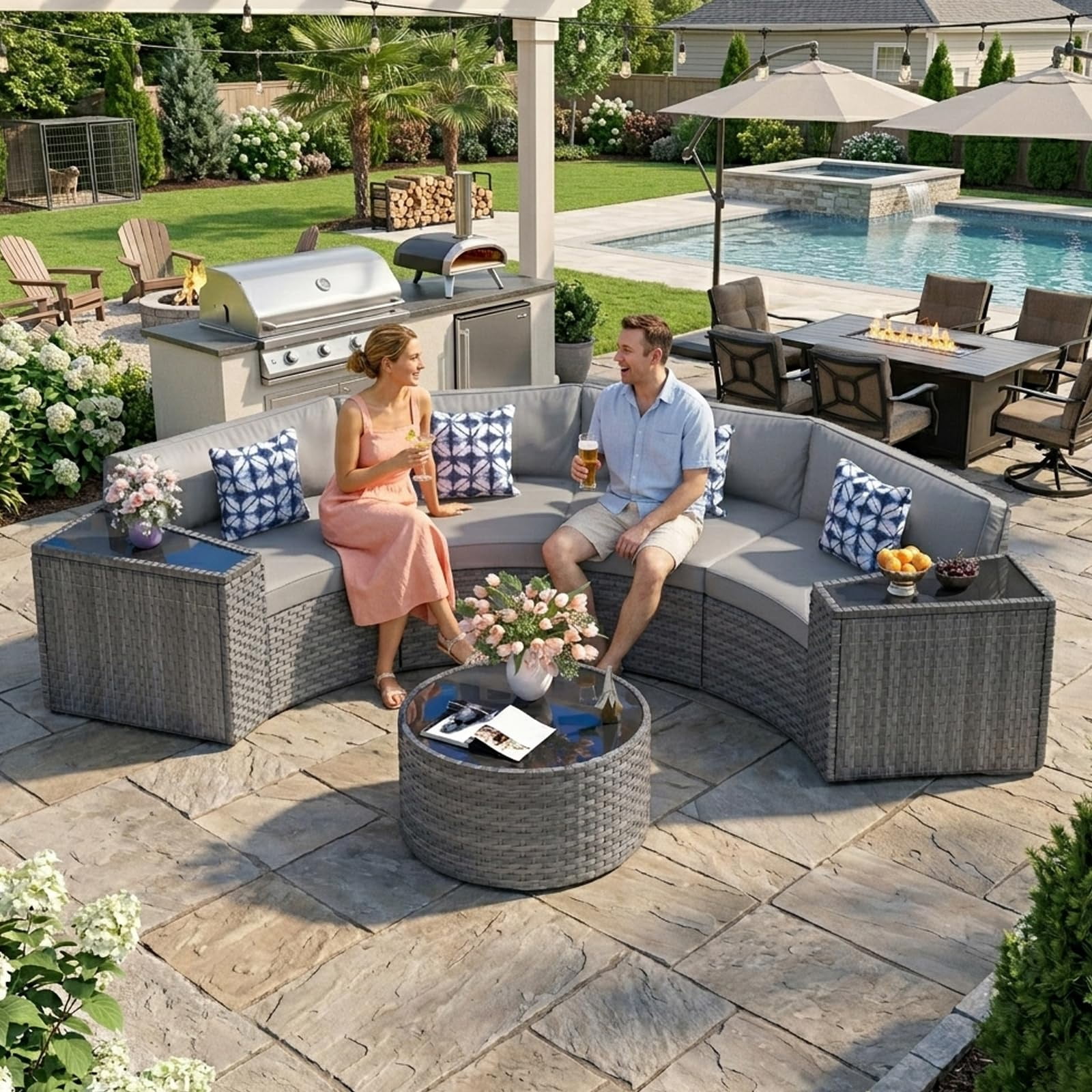 CDCASA 7 Piece Patio Furniture Set, All-Weather Wicker Rattan Curved Sectional Sofa with Coffee Table (Grey, 7 Piece Set) 2kfzr