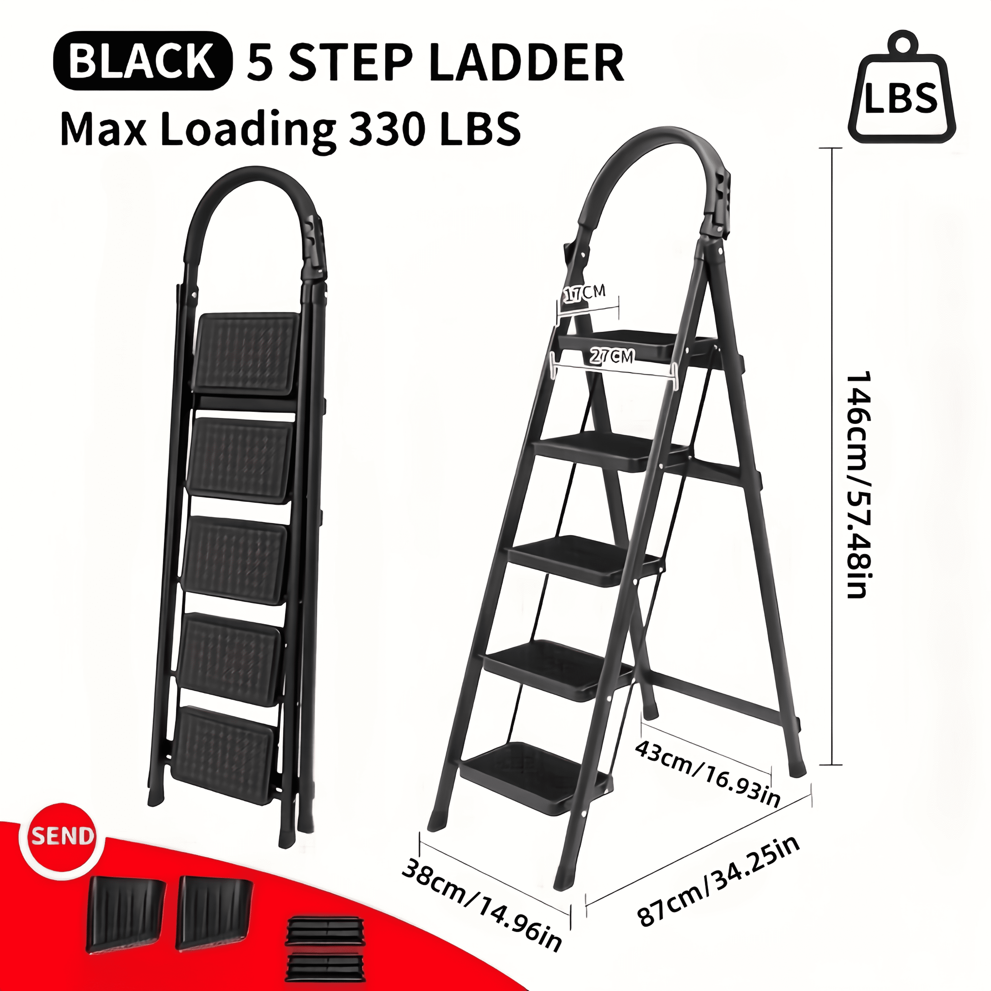 Generic Heavy-Duty Folding Ladder with Non-Slip Pedals and Safety Lock (Black, 57.48 in x 34.25 in x 38 in) q1tcx