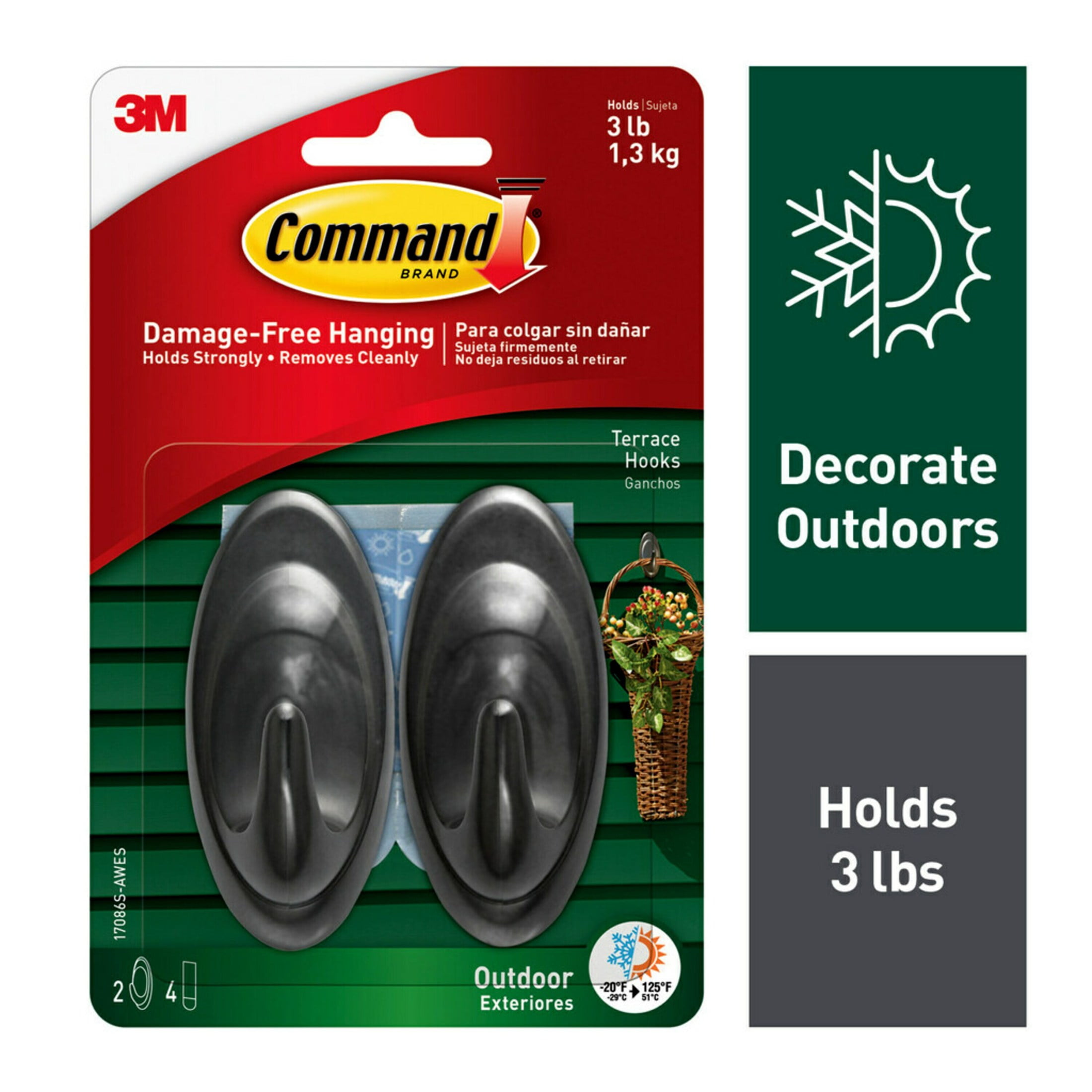 Command Outdoor Slate Terrace Hooks (Black, Medium, 2 Hooks, 4 Strips) 8qguu