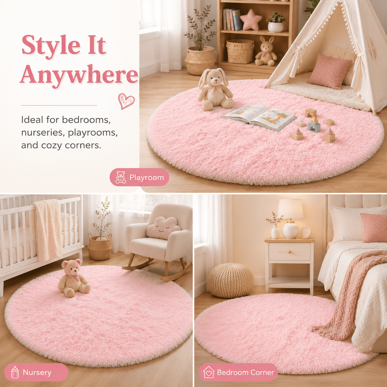 SANMADROLA Super Soft Fluffy Area Rug, Shaggy Plush Carpet for Bedroom and Nursery (Pink, 4x4 ft) dxo00