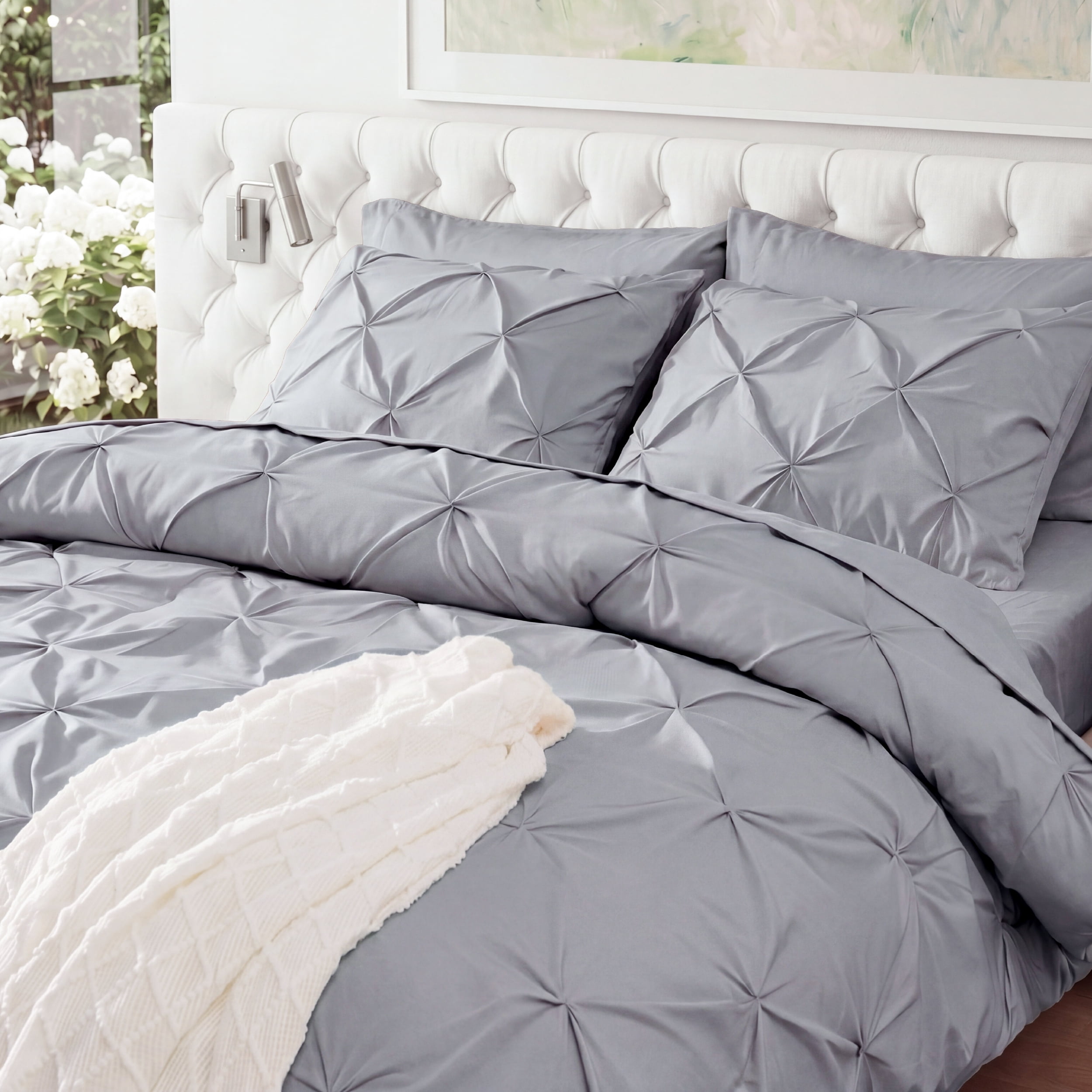 U by Bedsure Queen Comforter Set (Grey, 7-Piece Pinch Pleat All-Season Bedding) f1ptv