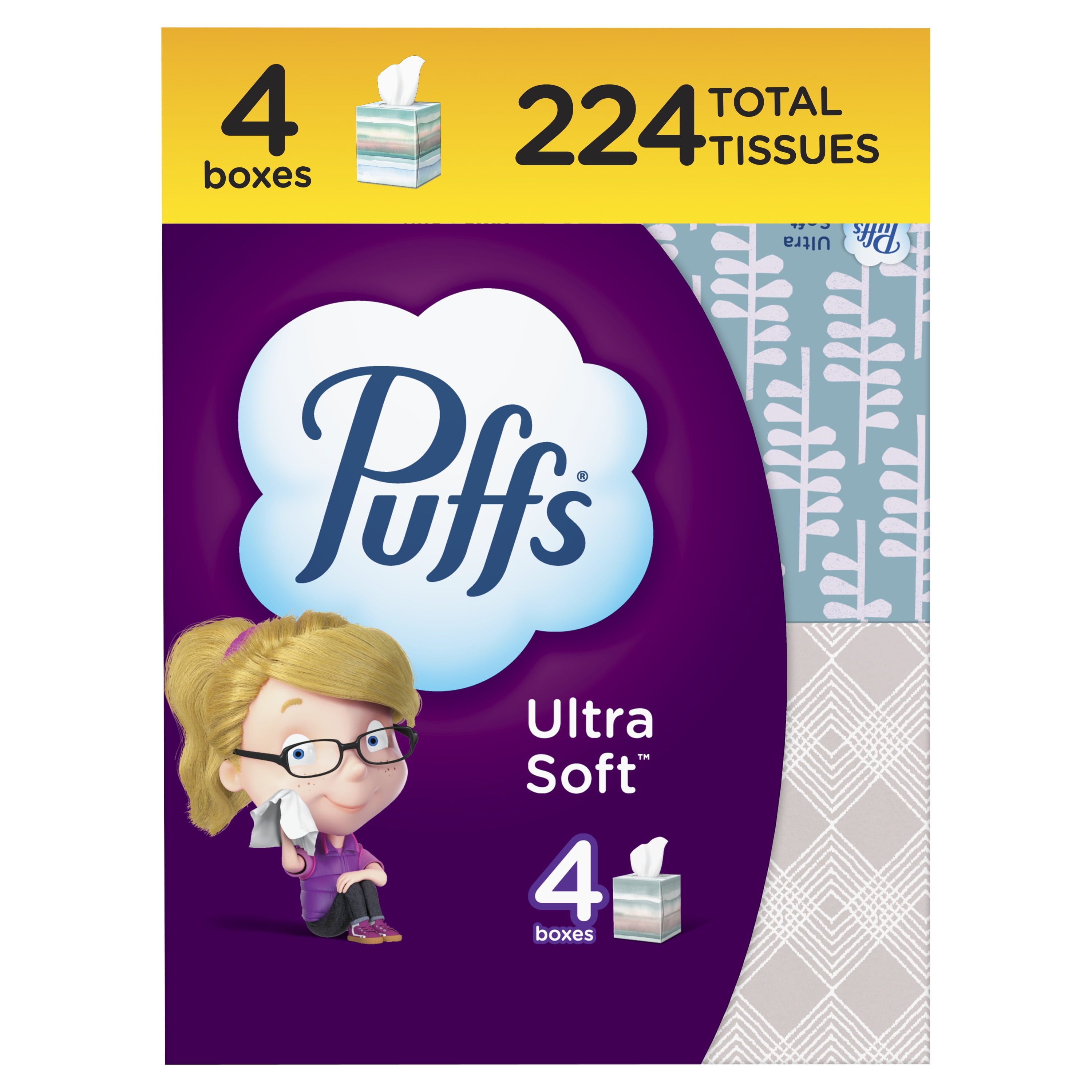 Puffs Ultra Soft Facial Tissues, Gentle Cushion-Soft Thickness (White, 4 Count, 224 Total Tissues) 5uzs6