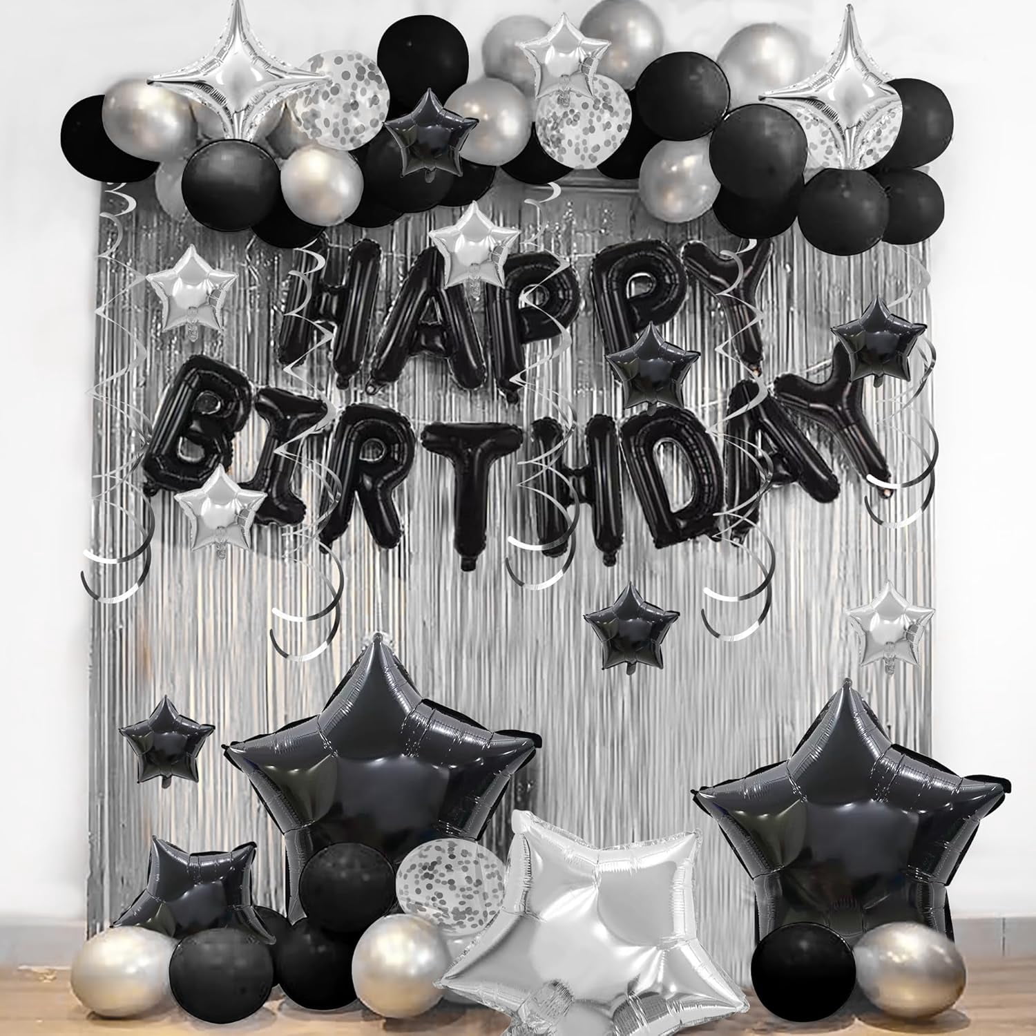 Genreen Birthday Party Decoration Set with Happy Birthday Banner and Balloons (Black and Silver, 56 Piece Set) uflpd