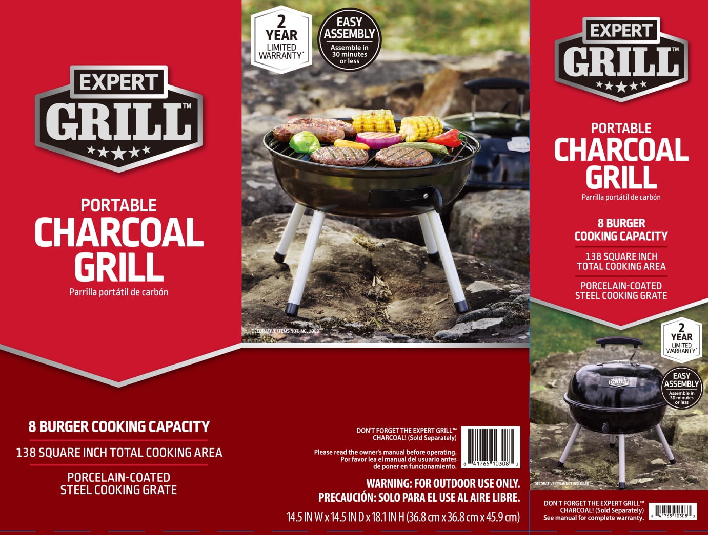 Expert Grill Portable Charcoal Grill, Durable Steel Outdoor Cooking BBQ (Black, 14.5 in) p4zl7