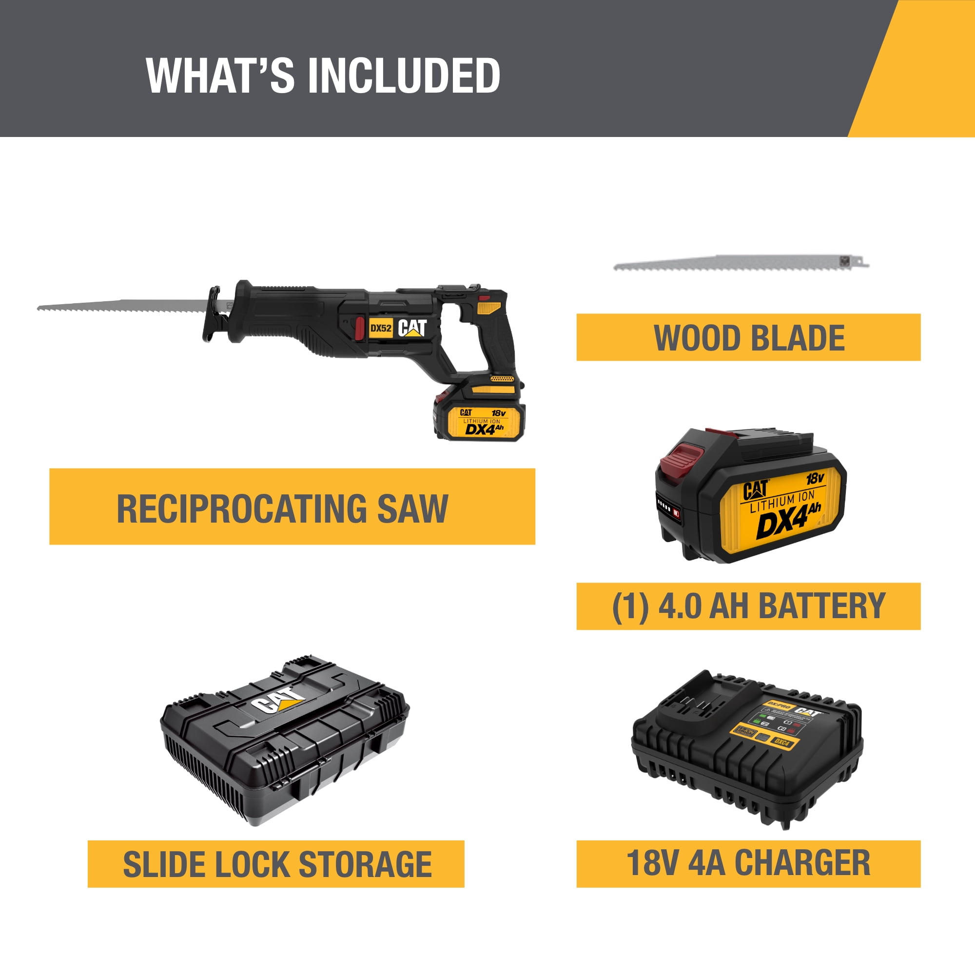 Caterpillar DX52 18V Cordless Brushless Reciprocating Saw with 4.0Ah Battery and Charger (1.19 in Stroke) 439vh