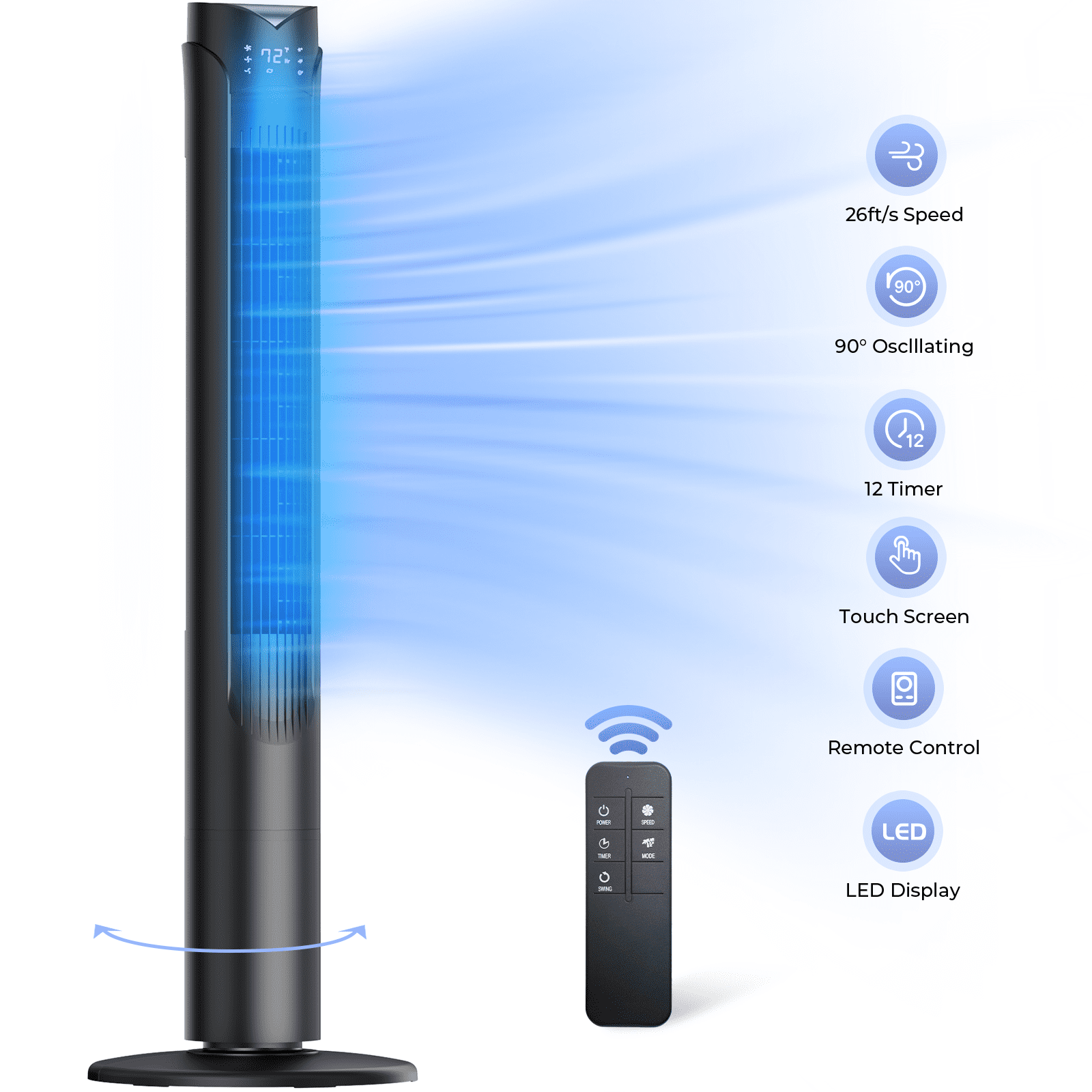 Patbrela 41 in Tower Fan, Wide Oscillating Cooling Fan with Remote, 3 Speeds, 3 Modes, LED Display, Quiet Operation (Black, 41 in) byxbq