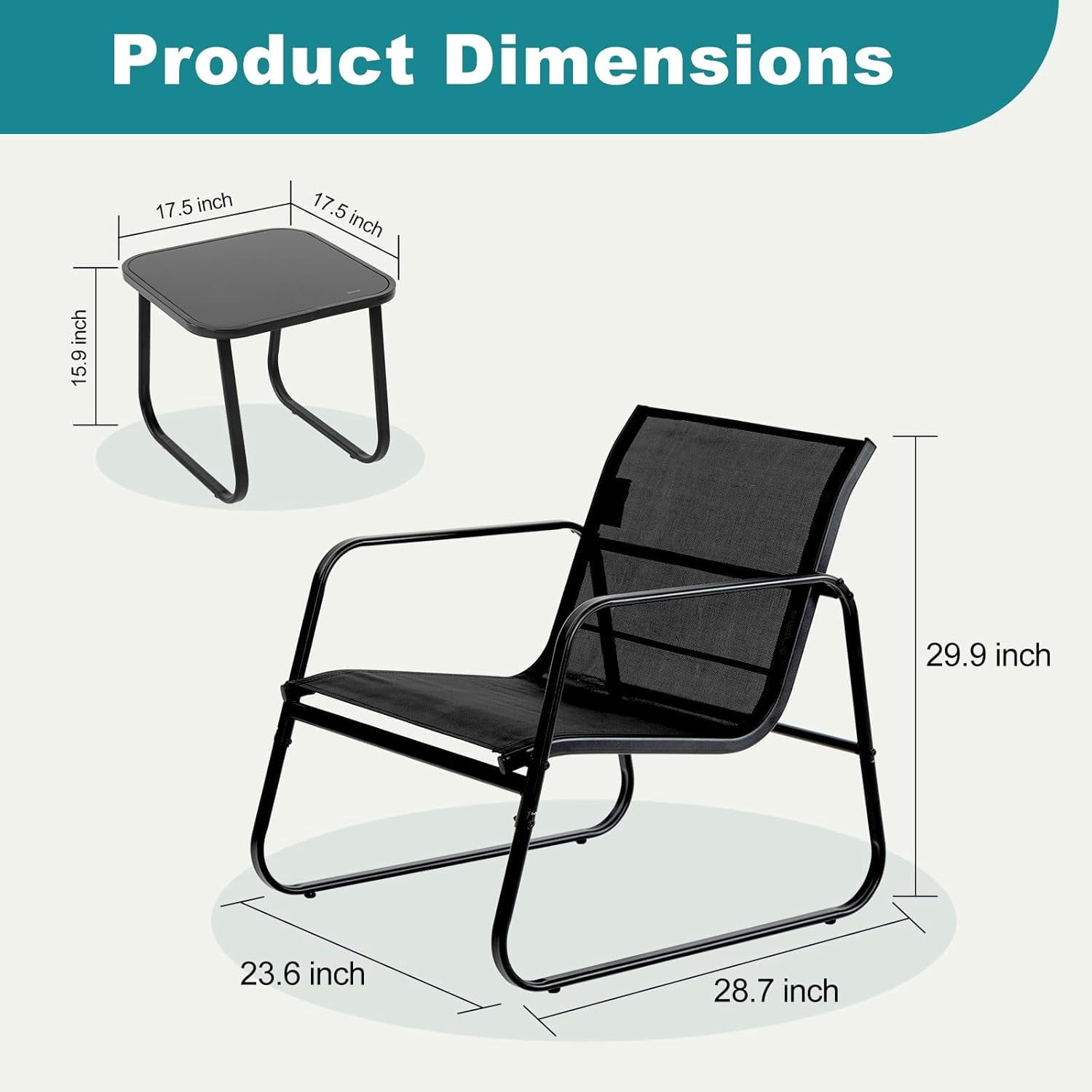 Betcozy 3-Piece Outdoor Bistro Set, Patio Conversation Furniture with Textilene Chairs and Tempered Glass Side Table (Black, 3-Piece Set) v61h2