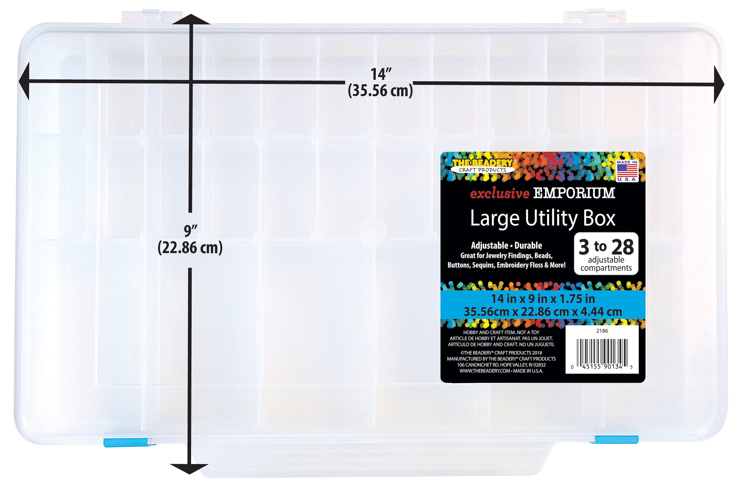 The Beadery Large Utility Storage Box with 28 Adjustable Compartments (Clear, 14 in x 9 in x 1.75 in) tfnmz