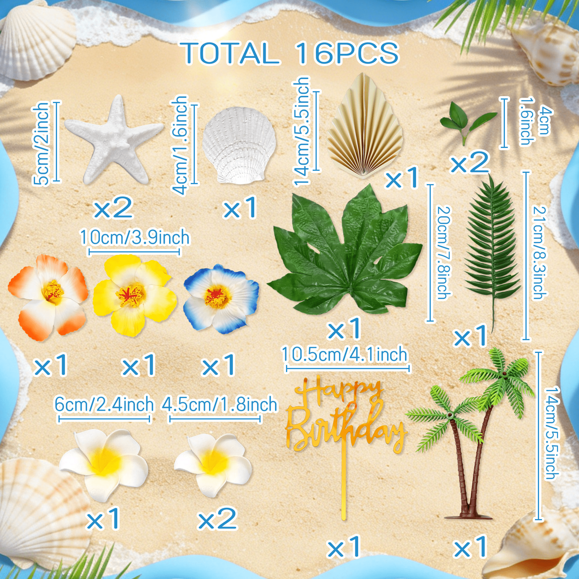 Roaring Good Time Hawaiian Beach Ocean Cake Topper Set (Tropical Party Decor, 16-Piece) h16uz