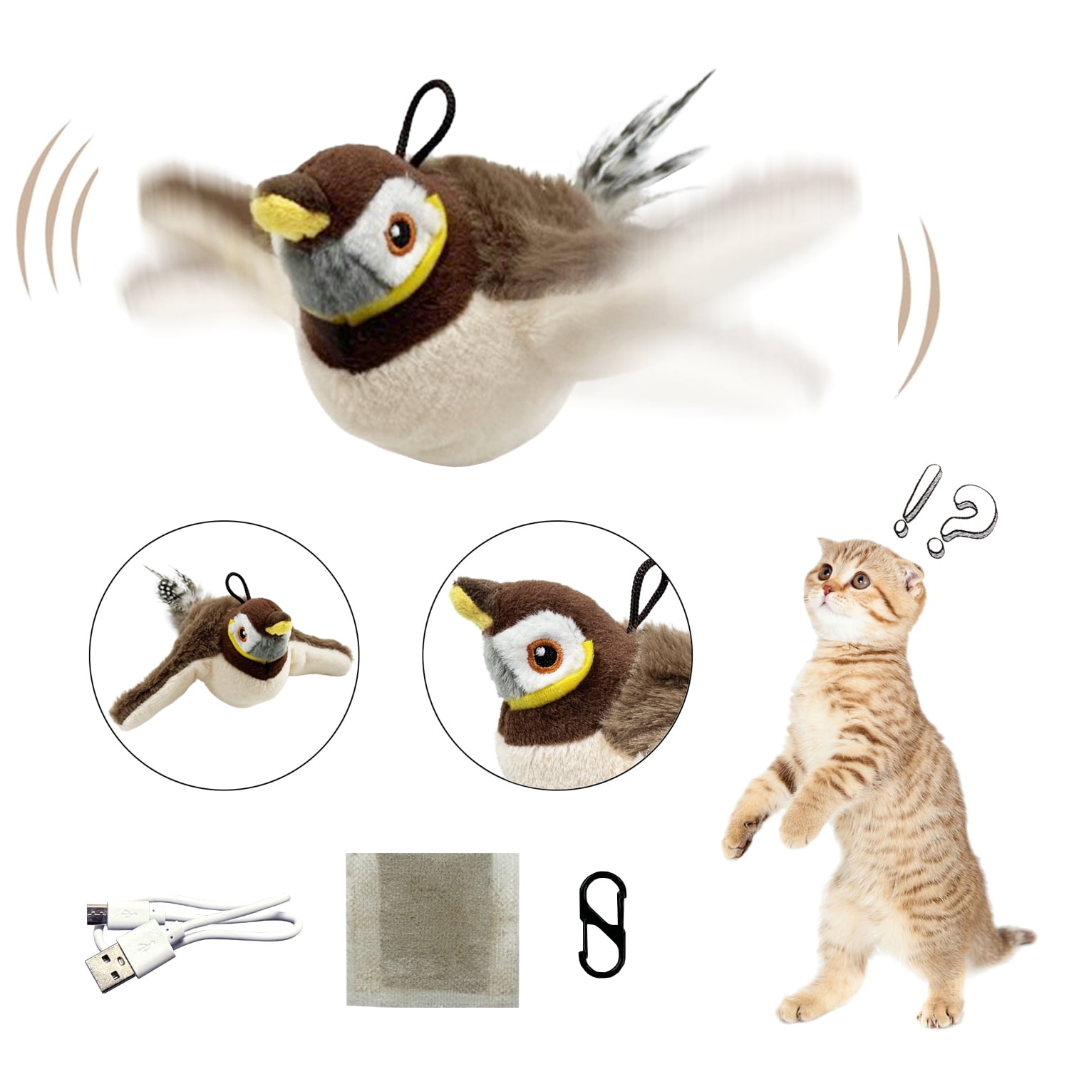 Tetou Interactive Flapping Bird Cat Toy, Motion Activated Plush Kitten Exercise Toy (Brown, 1 Pack) pnnx2