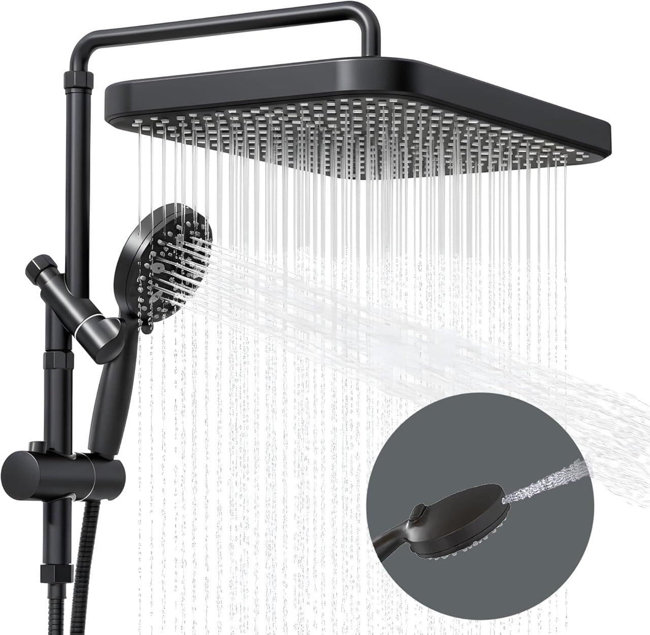 ROSYNEY 15 in Rainfall Shower Head with Handheld Combo, 8-Setting Sprayer, Adjustable Extension Arm (Matte Black, 15 in) gljoq