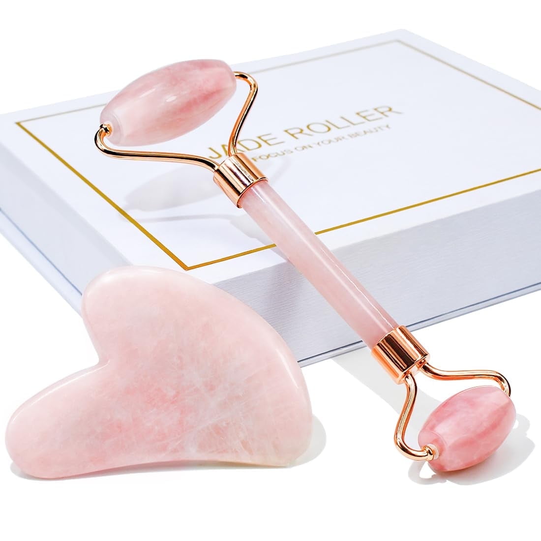 Beakey Jade Roller and Gua Sha Set, Natural Stone Facial Massage Tool for Skin Toning and Puffiness Relief (Pink, 2 Piece Set) v1eny
