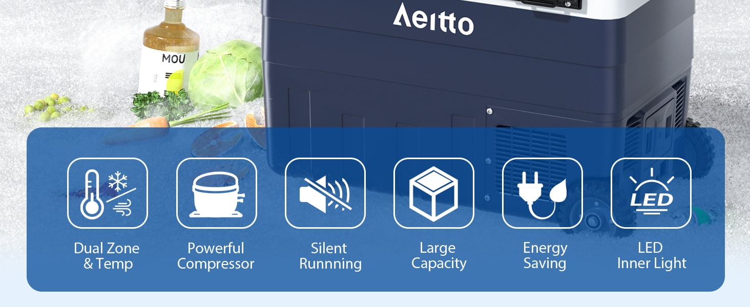 Aeitto Dual Zone Portable Car Refrigerator, Electric Cooler and Freezer for Travel and Camping (Blue, 52 qt) 7oy79