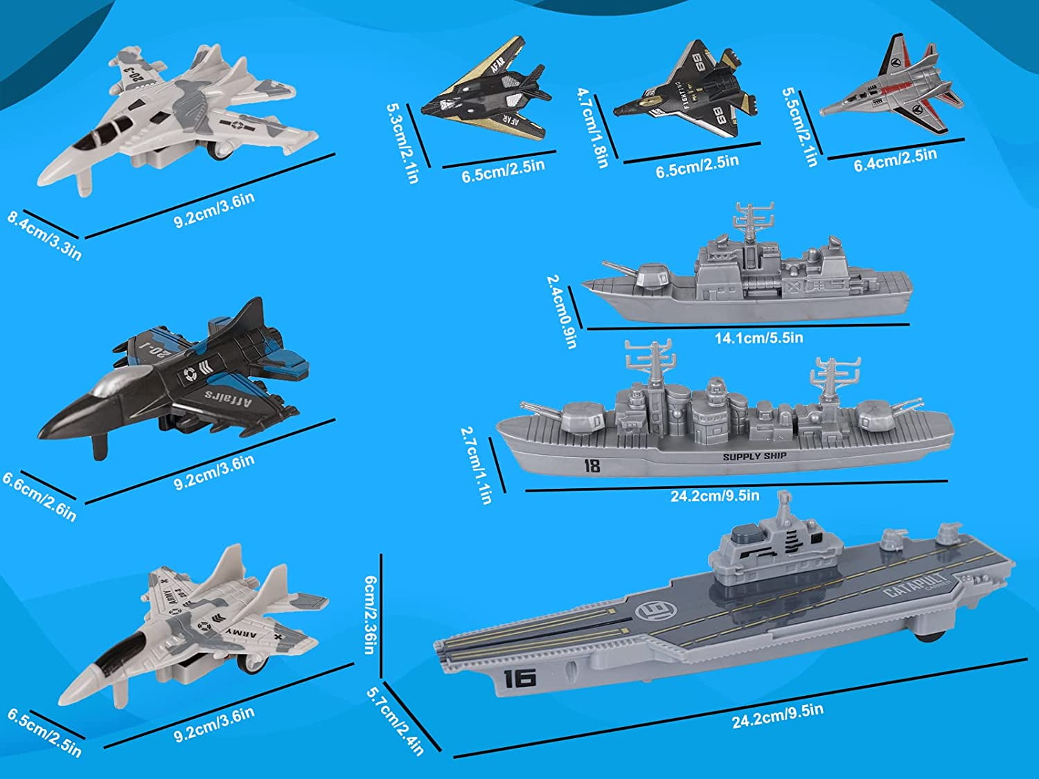 TYMZDYN Military Aircraft Carrier Playset with Fighter Jets and Battleships (9 Piece Set) 9rp12