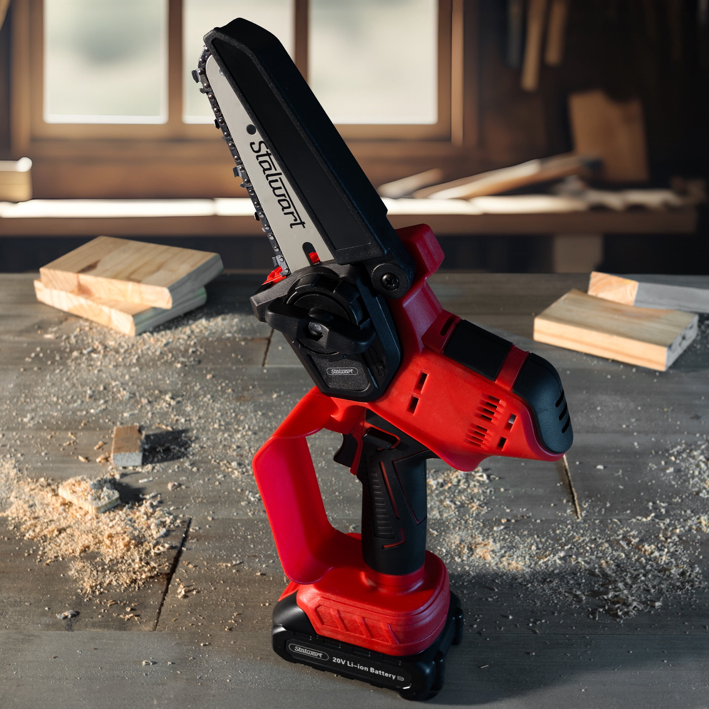 Stalwart 5-Inch Mini Chainsaw, Cordless Electric Power Tool with 20V Lithium Ion Battery (Red, 5.29 lb) 1478j