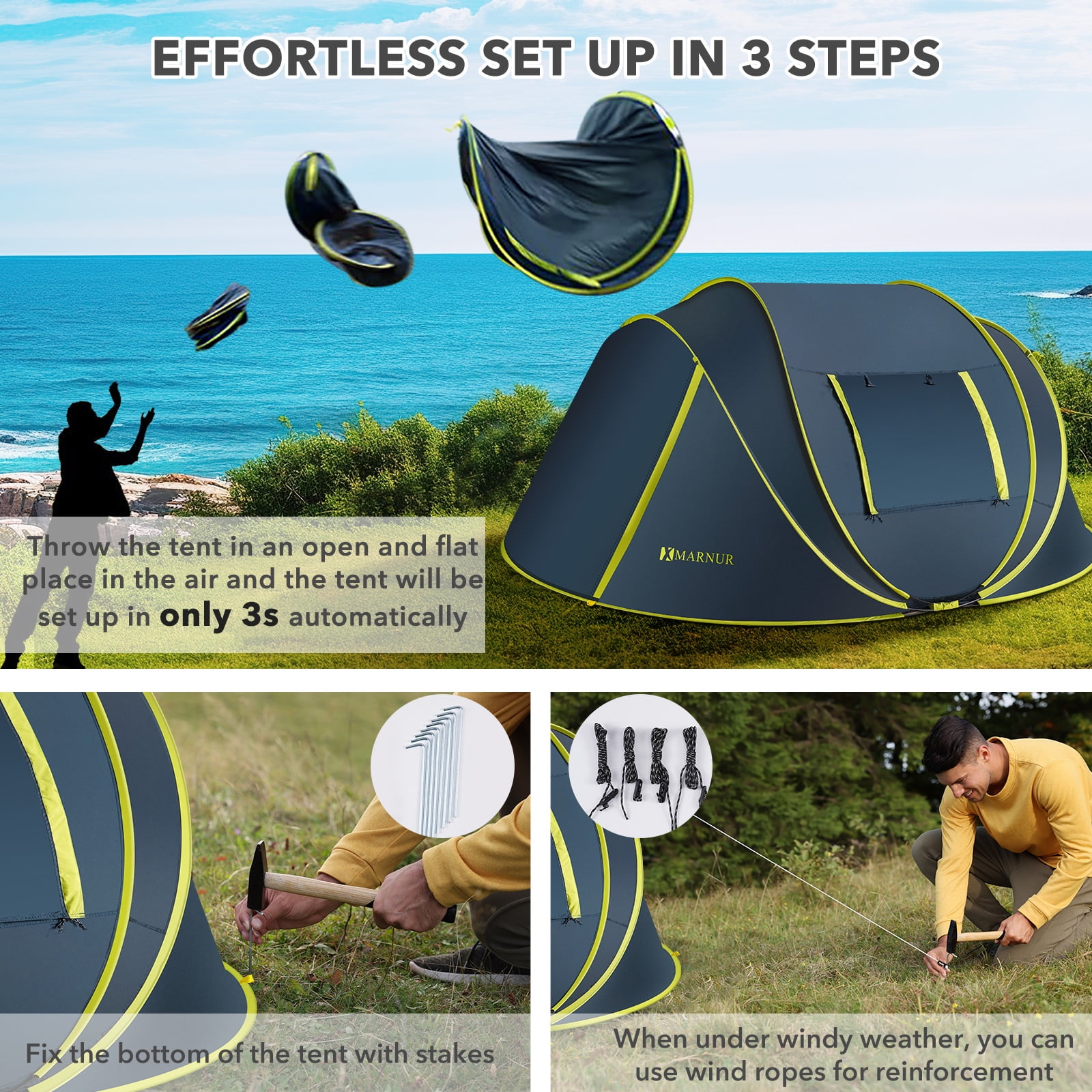 MARNUR 4-Person Instant Pop Up Camping Tent, Auto Setup Outdoor Shelter with Mesh Windows (Dark Blue, 110.2 in x 78.7 in) 722cl
