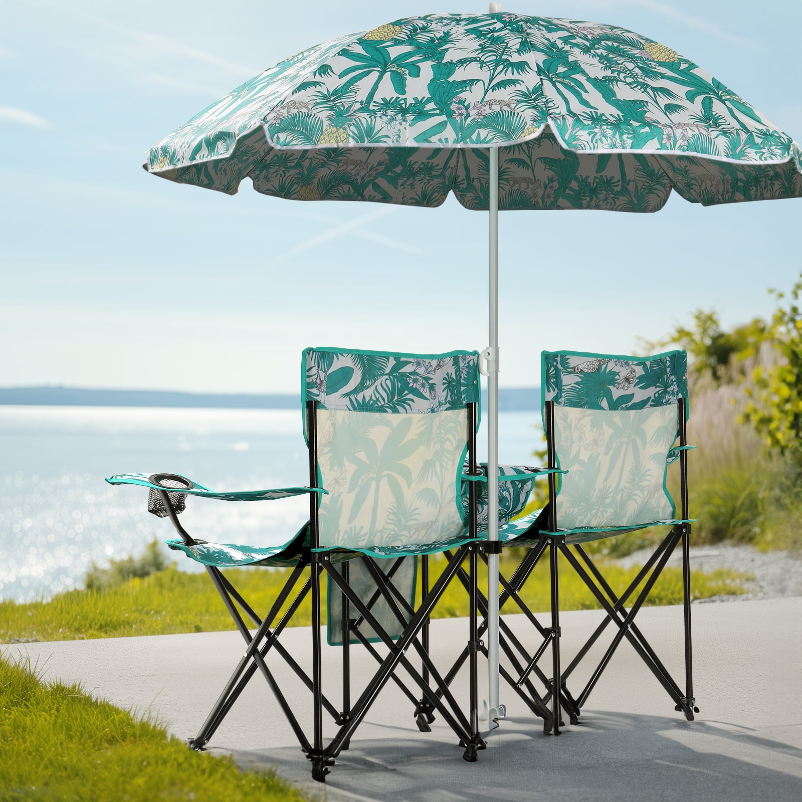 Zimtown Two-Seat Folding Beach Chair with Umbrella and Cooler (Green, 15.2 in Seat Height) s3a49