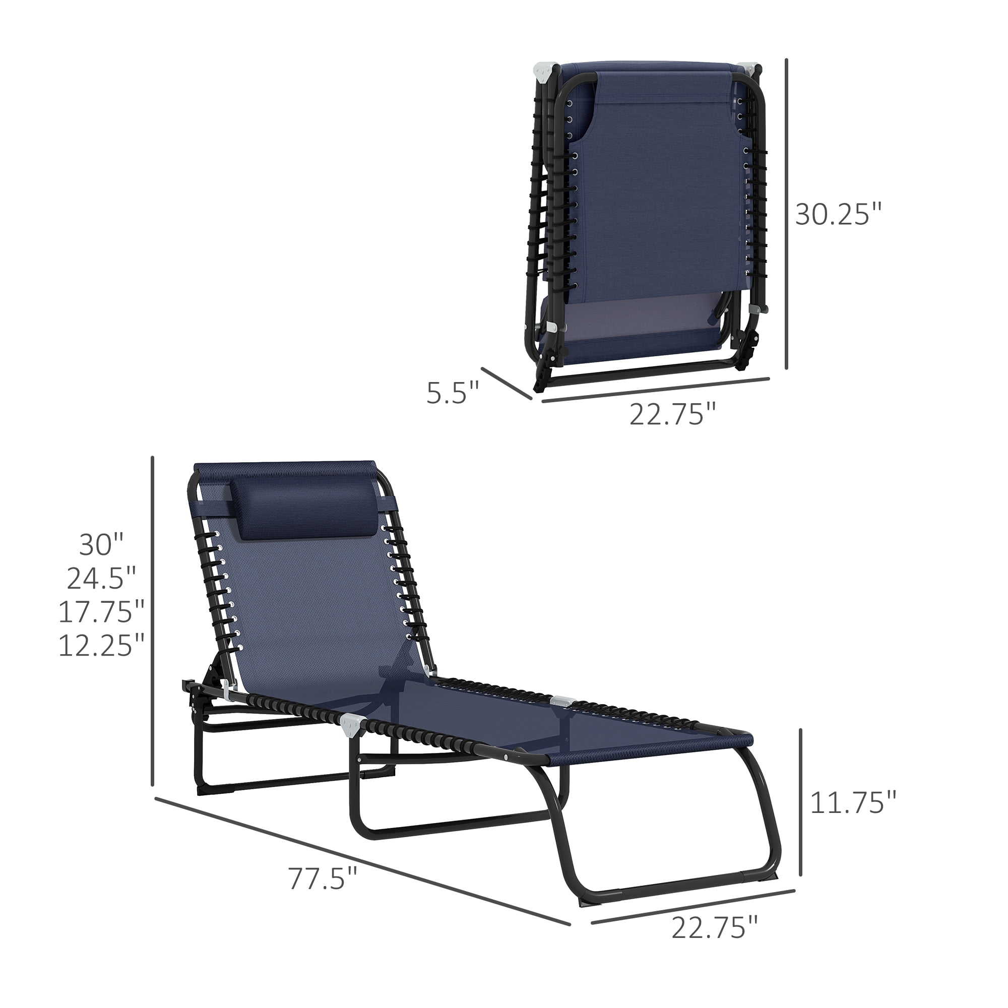 Outsunny 2-Piece Folding Reclining Chaise Lounge Set, Adjustable Outdoor Pool Chairs (Dark Blue, 77.5 in L x 22.75 in W x 11.75 in H) ji3mo