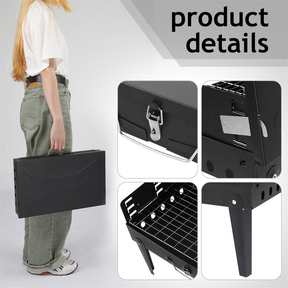 Tcbosik Portable Charcoal Grill, Folding Outdoor Barbecue Stove with Lid and Adjustable Height (Black) a059w